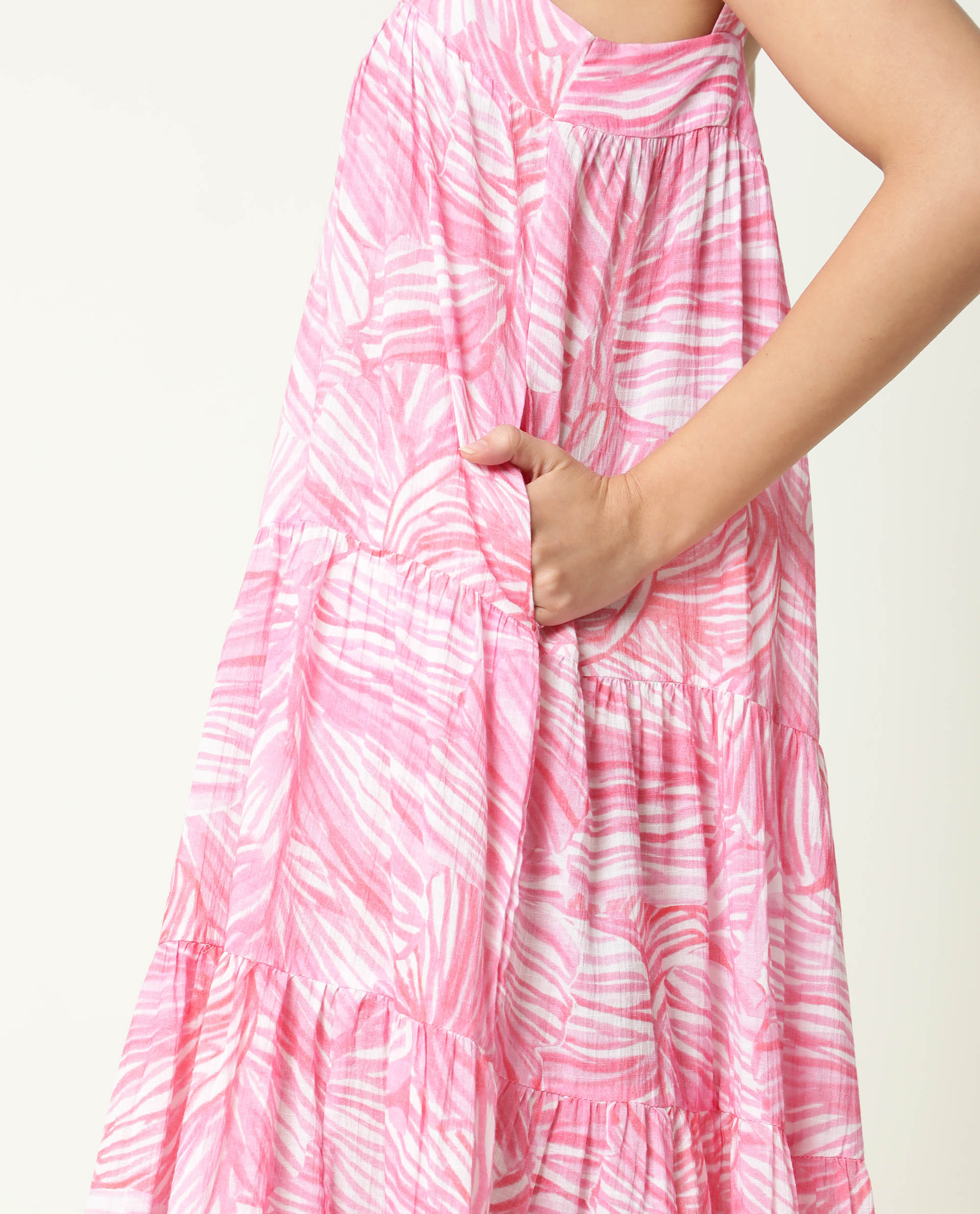 Rareism Women Toddle Pink Abstract Print Square Neck With Gathers With Broad Shoulder Straps And Pockets Midi Dress