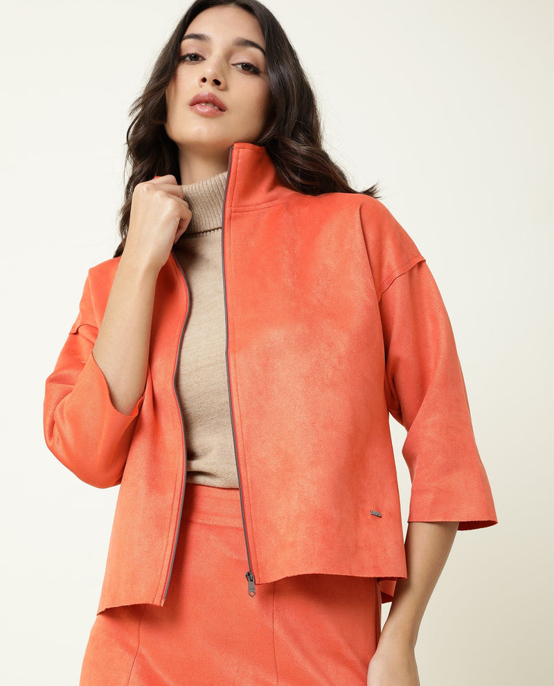 Rareism Women Vasu Orange Polyester Fabric 3/4Th Sleeves Solid High Neck Jacket