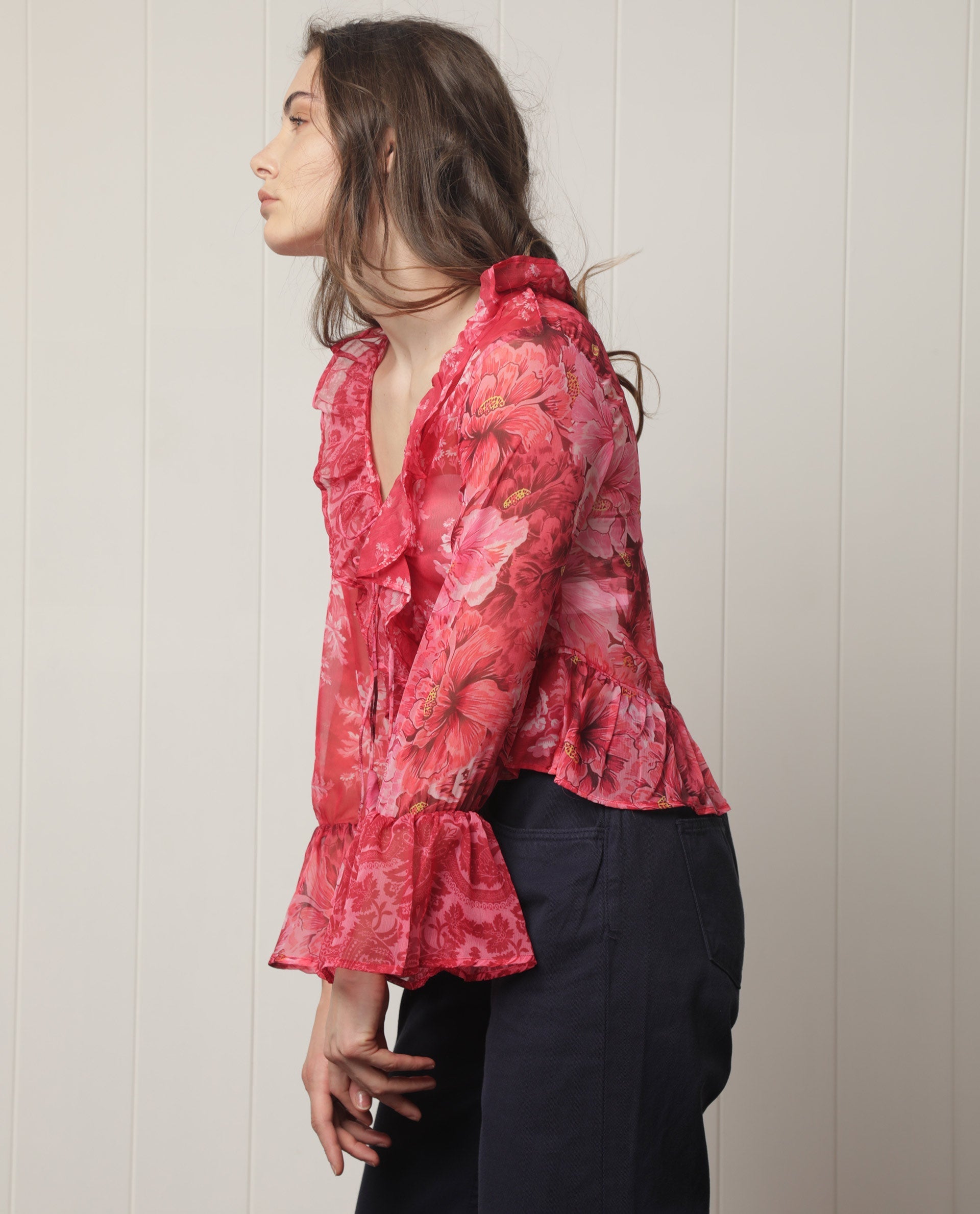 Rareism Women Myloh Maroon Polyester Fabric Full Sleeves Drawstring Closure V-Neck Bell Sleeve Regular Fit Floral Print Cropped Shrug