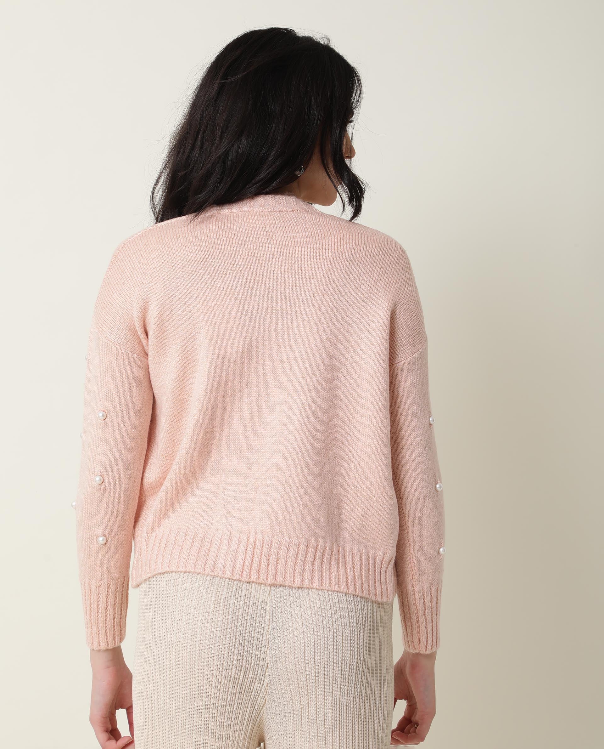 Rareism Women Tunnel Light Pink Viscose Fabric Full Sleeves Regular Fit Solid Collarless Sweater