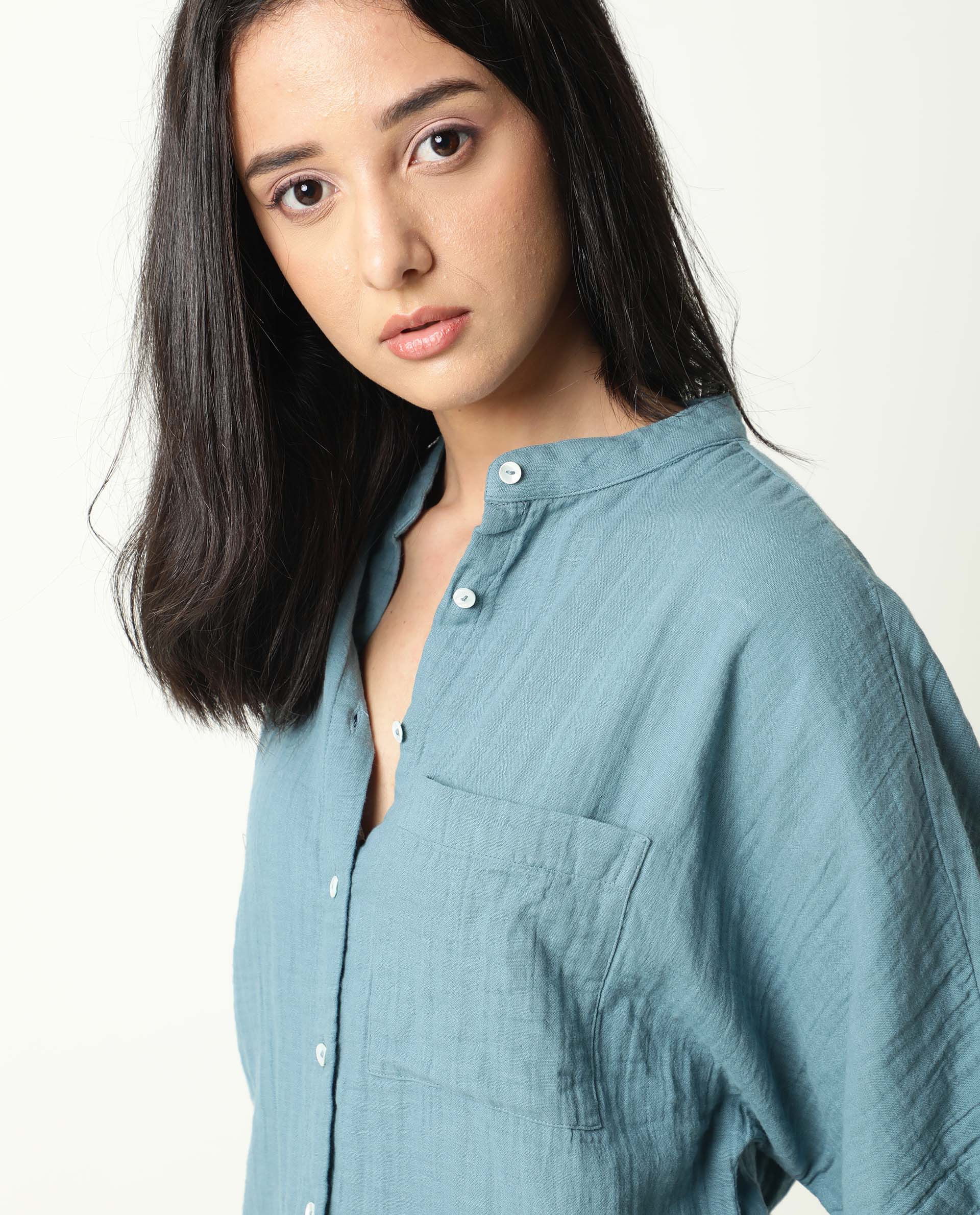 Rareism Womens Imro Green Top Cotton Fabric Regular Fit Regular Sleeves Mandarin Neck