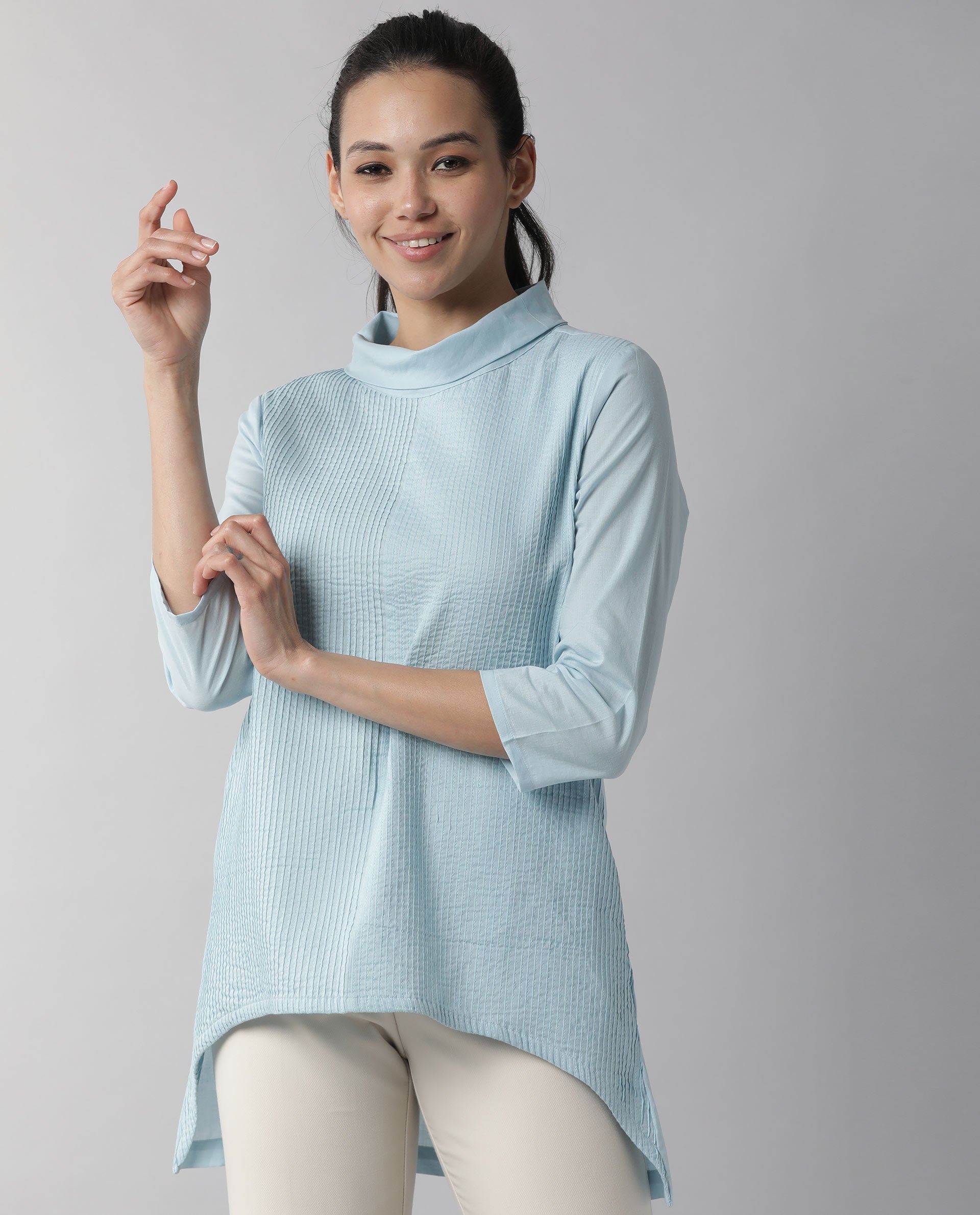 Rareism Women's Printol Blue Cotton Turtle Neck Plain Regular Fit Top