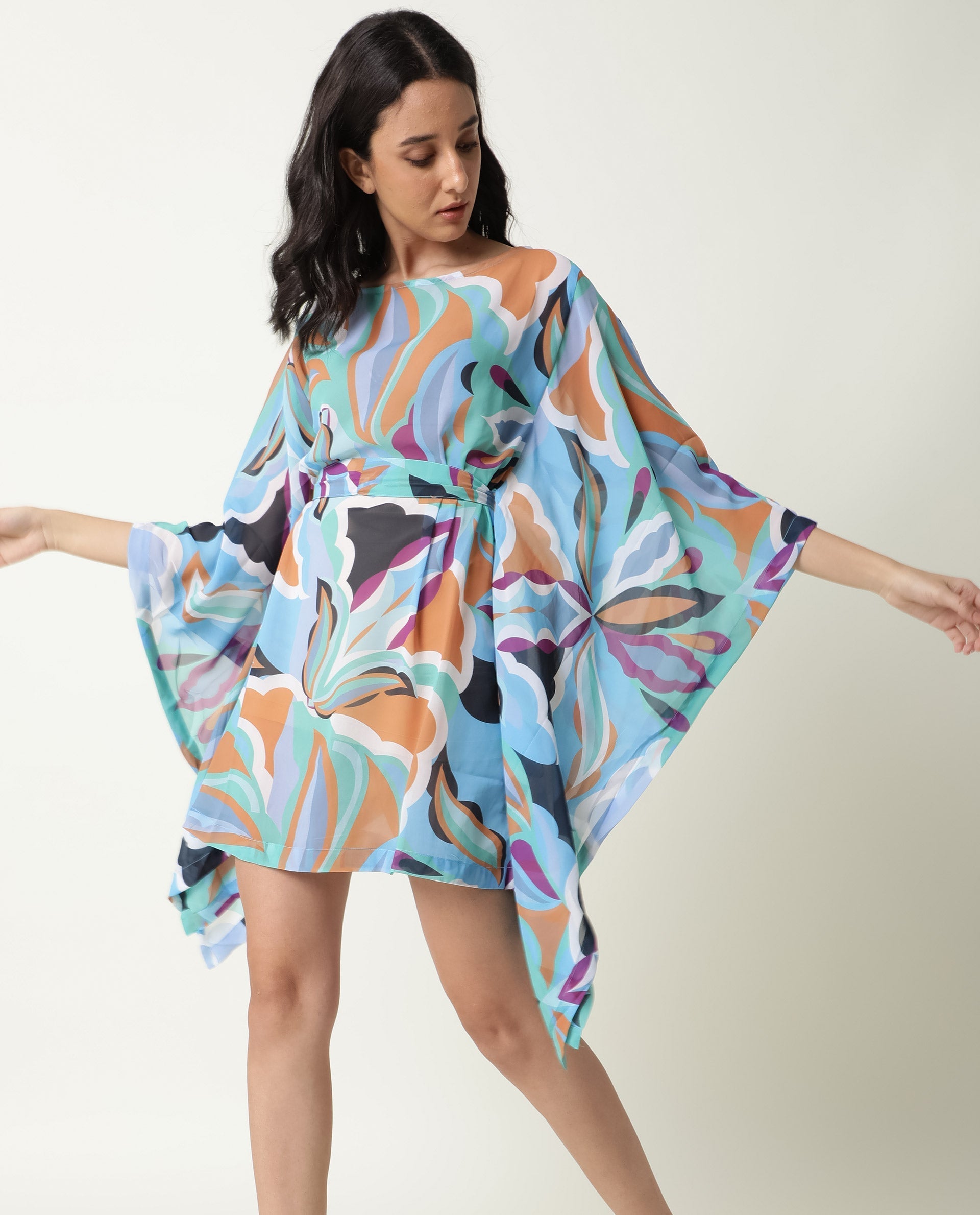 Rareism Women's Meevio Multi Boat Neck Abstract Print Flared Sleeve Knee Length Regular Fit Dress