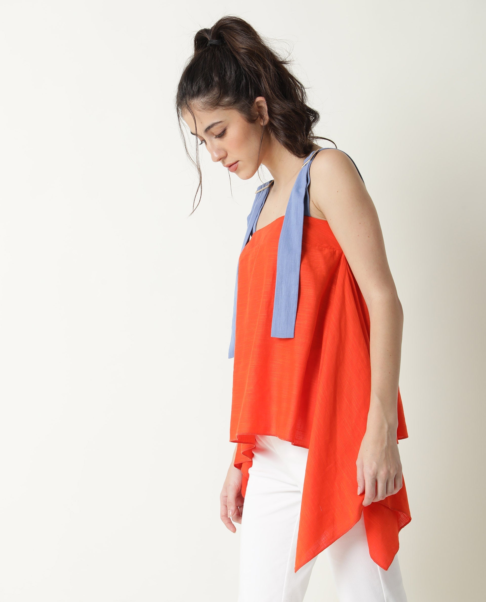 Rareism Womens Cronicle Blue Top Cotton Linen Fabric Regular Fit Sleeveless Square Neck