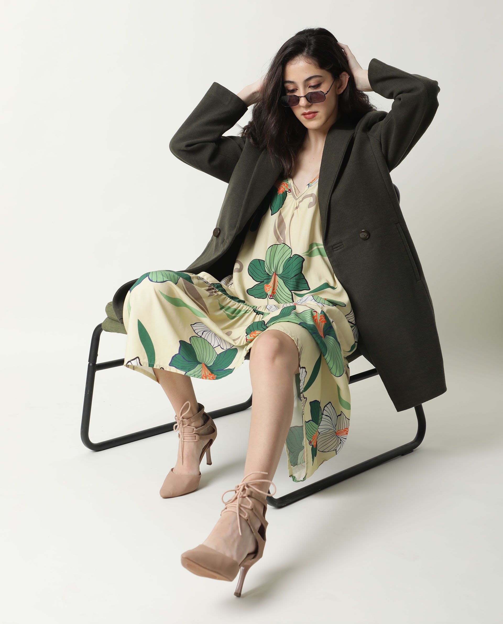 Rareism Women Avon Olive Polyester Fabric Full Sleeves Solid Lapel Neck Jacket