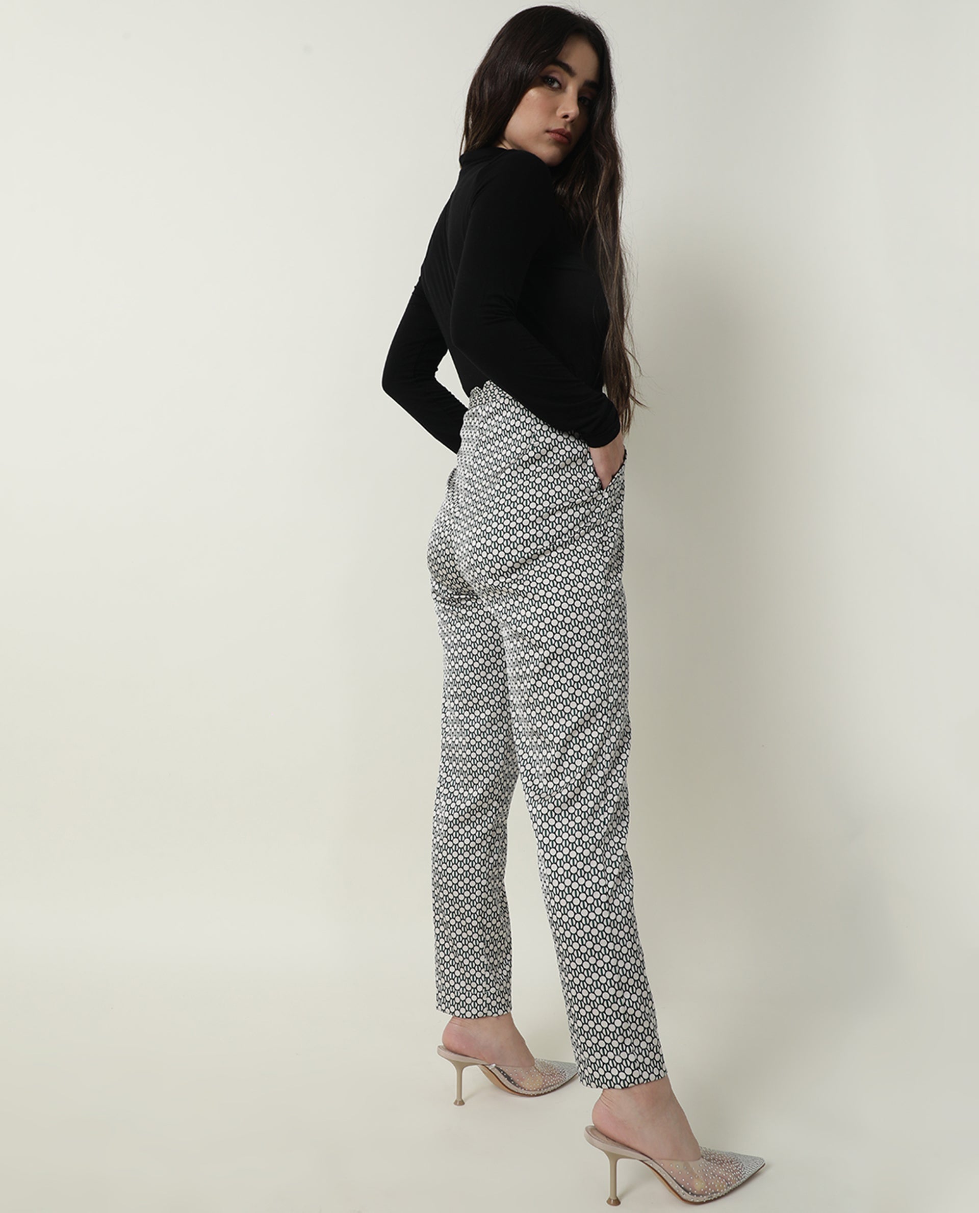 Rareism Women Malani Beige Modal Fabric Tailored Fit Mid Rise Geometric Print Ankle Length Trousers