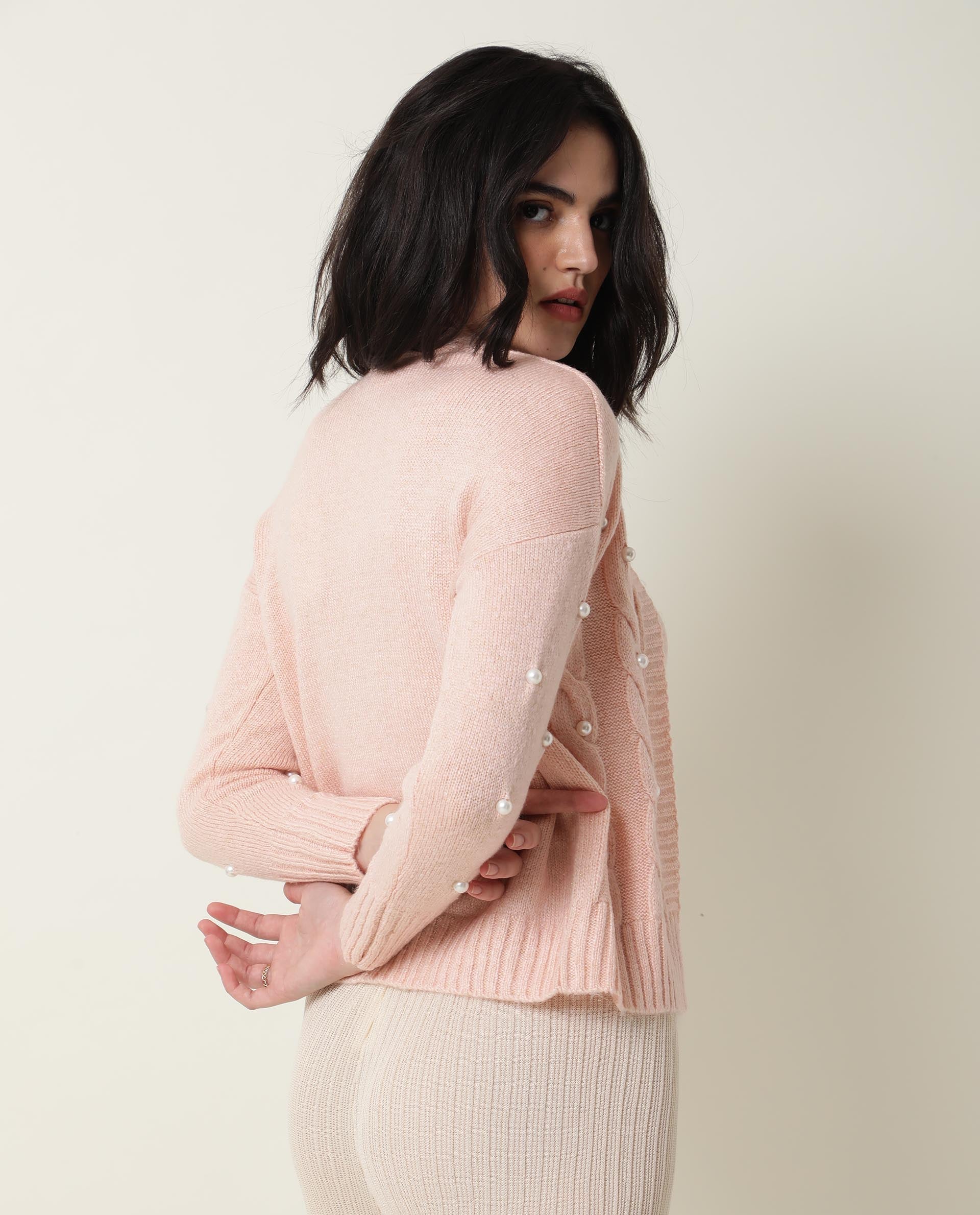 Rareism Women Tunnel Light Pink Viscose Fabric Full Sleeves Regular Fit Solid Collarless Sweater