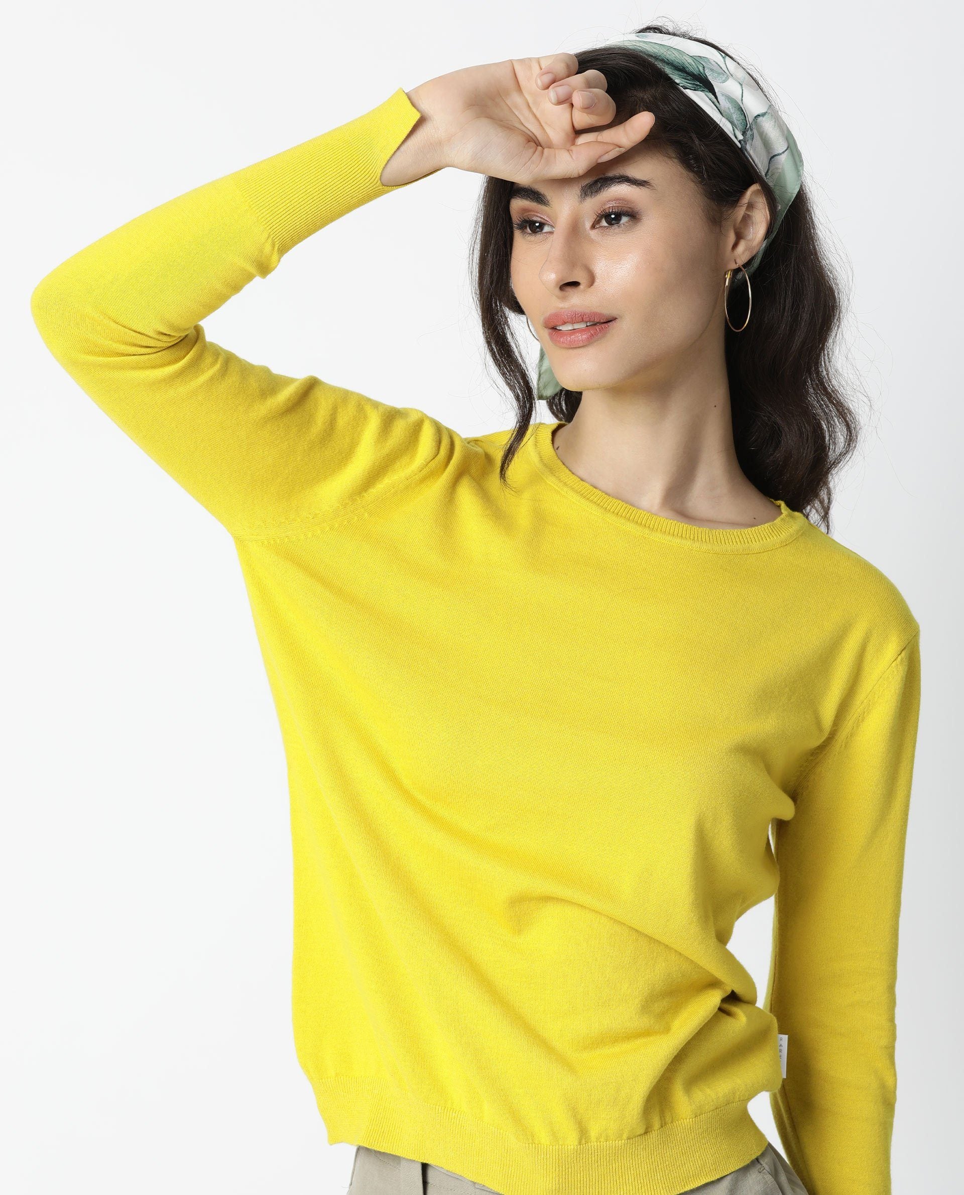 Rareism Women Plum Yellow Cotton Fabric Full Sleeves Regular Fit Ribbed Ribbed Collar Sweater