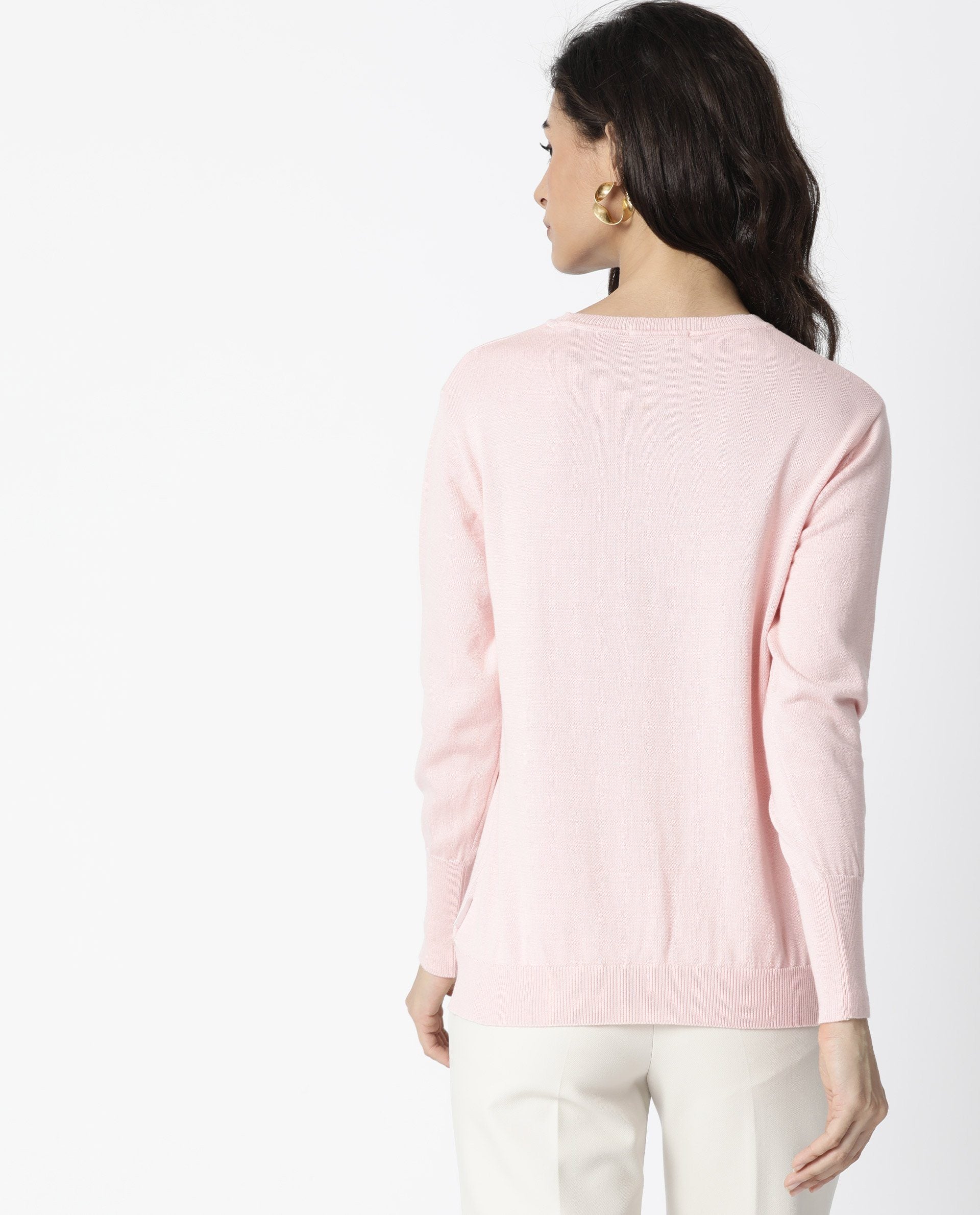 Rareism Women Plush Pink Cotton Fabric Full Sleeves Regular Fit Embroidered Round Neck Sweater