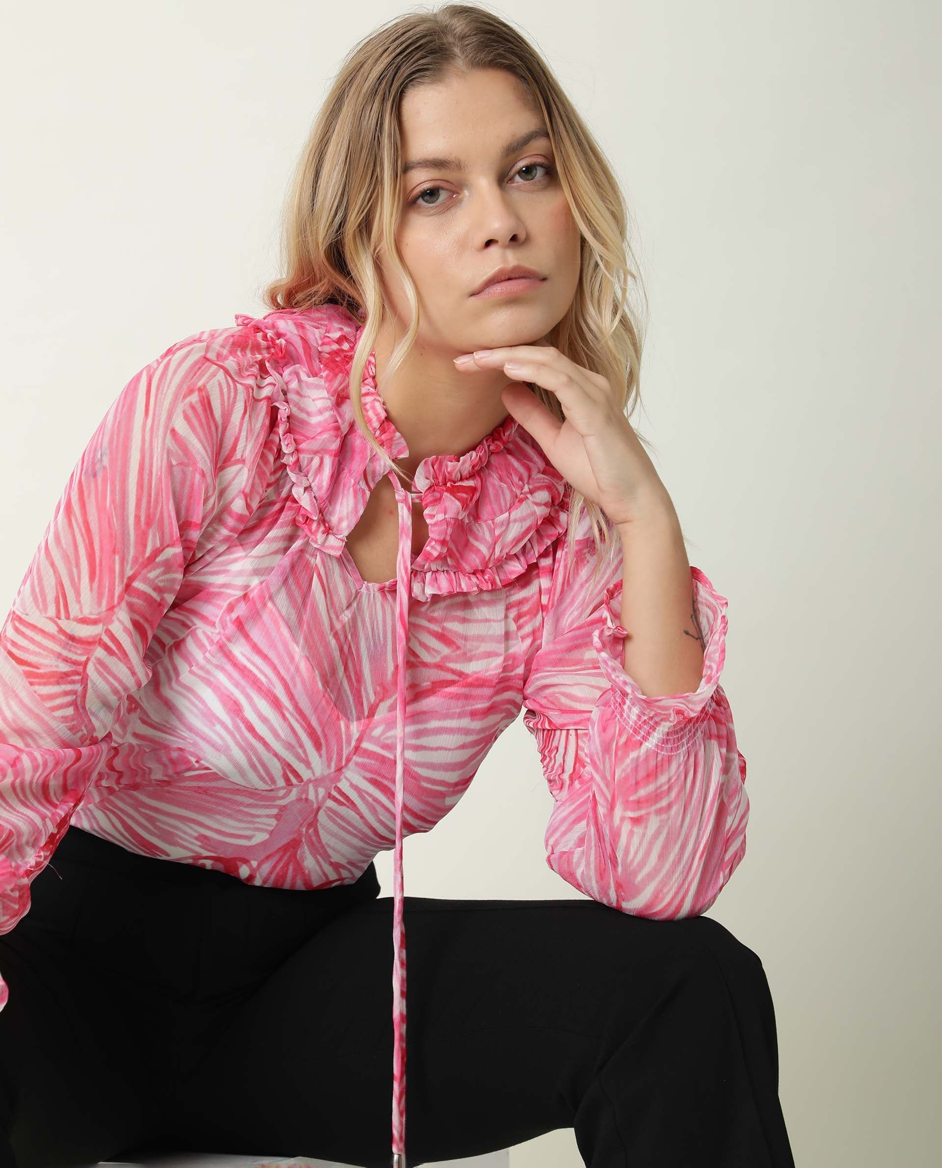 Rareism Womens Tonal Pink Top Viscose Fabric Regular Fit Balloon Sleeve Ruffled Neck