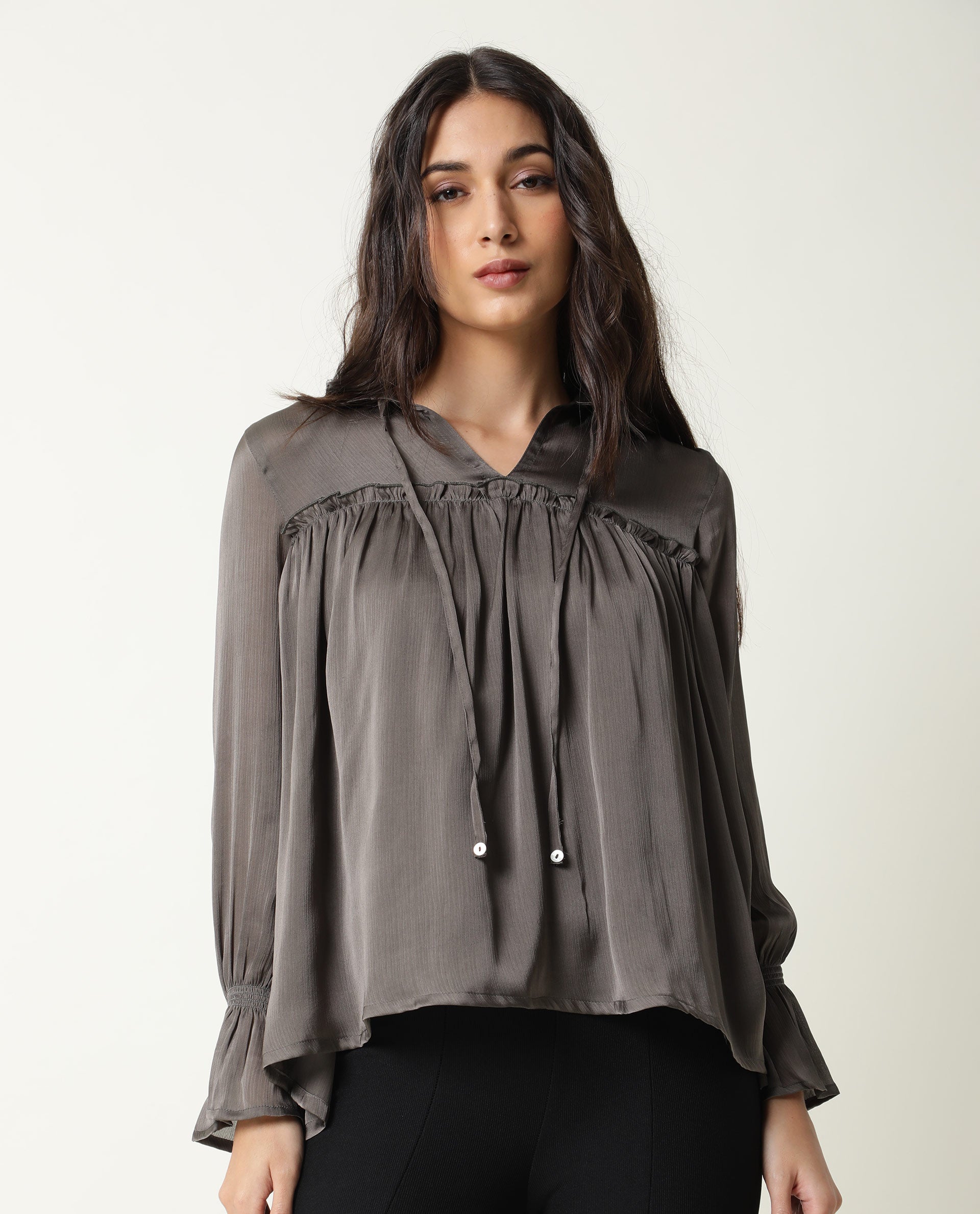 Rareism Womens Poetess Grey Top Polyester Fabric  Full Sleeve Key Hole Neck