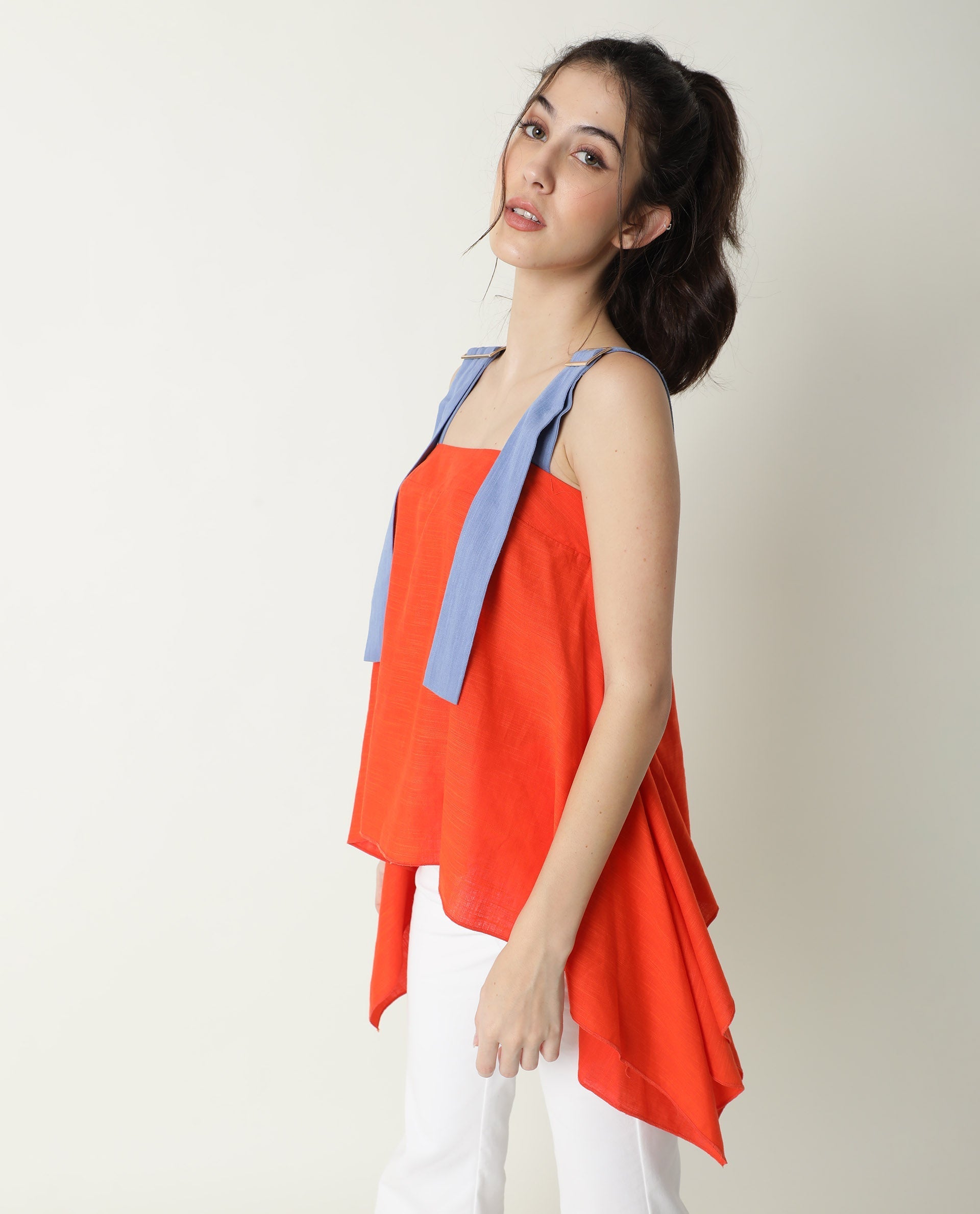 Rareism Womens Cronicle Blue Top Cotton Linen Fabric Regular Fit Sleeveless Square Neck