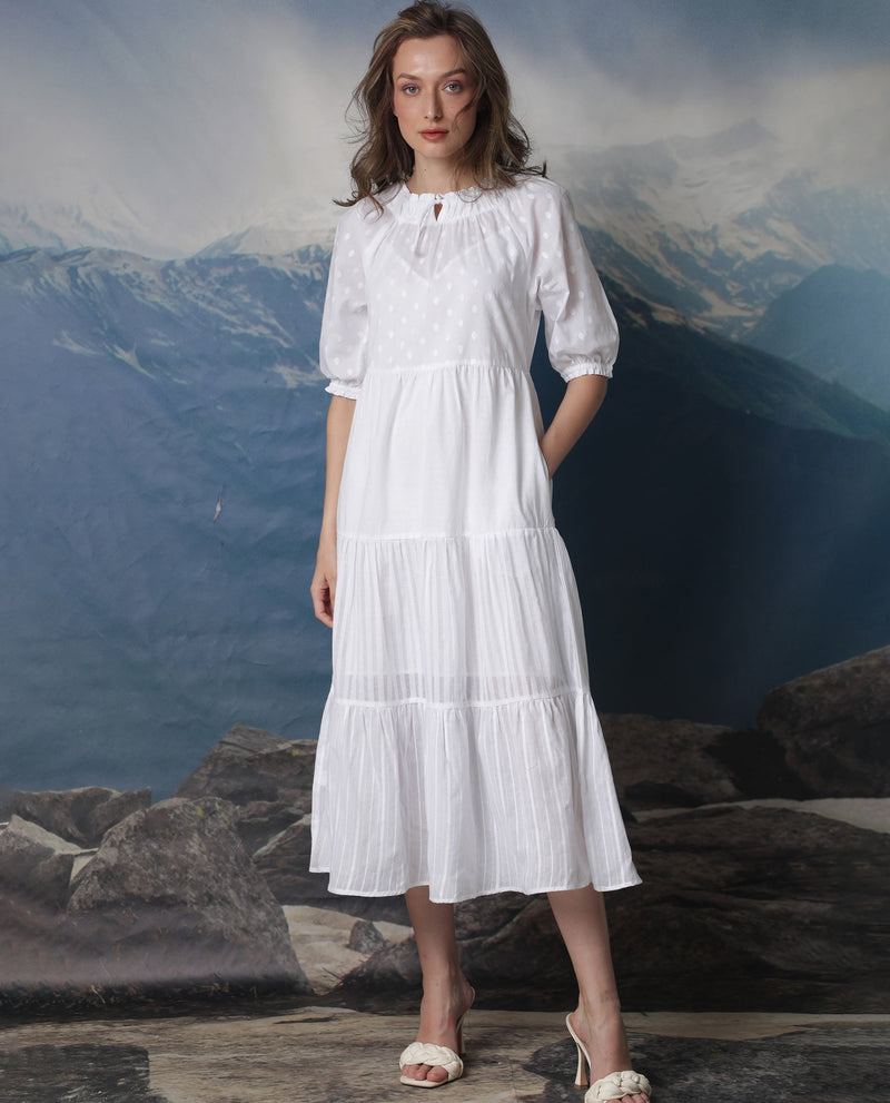 Rareism Women Myle White Cotton Fabric Short Sleeves Tie-Up Neck Puff Sleeve Regular Fit Plain Knee Length Tiered Dress