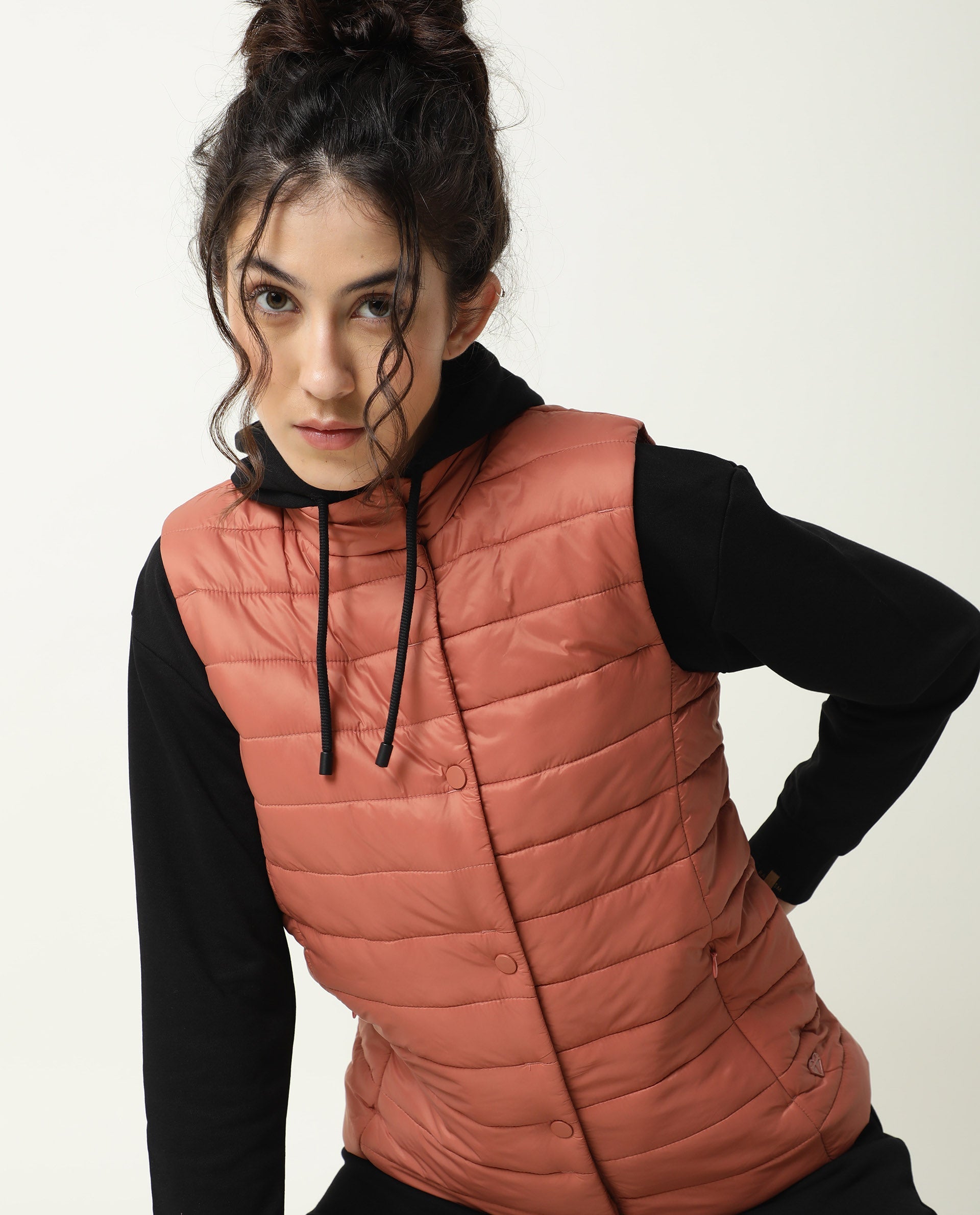 Rareism Women Trunk Dark Rust  Sleeveless Solid Hooded Jacket