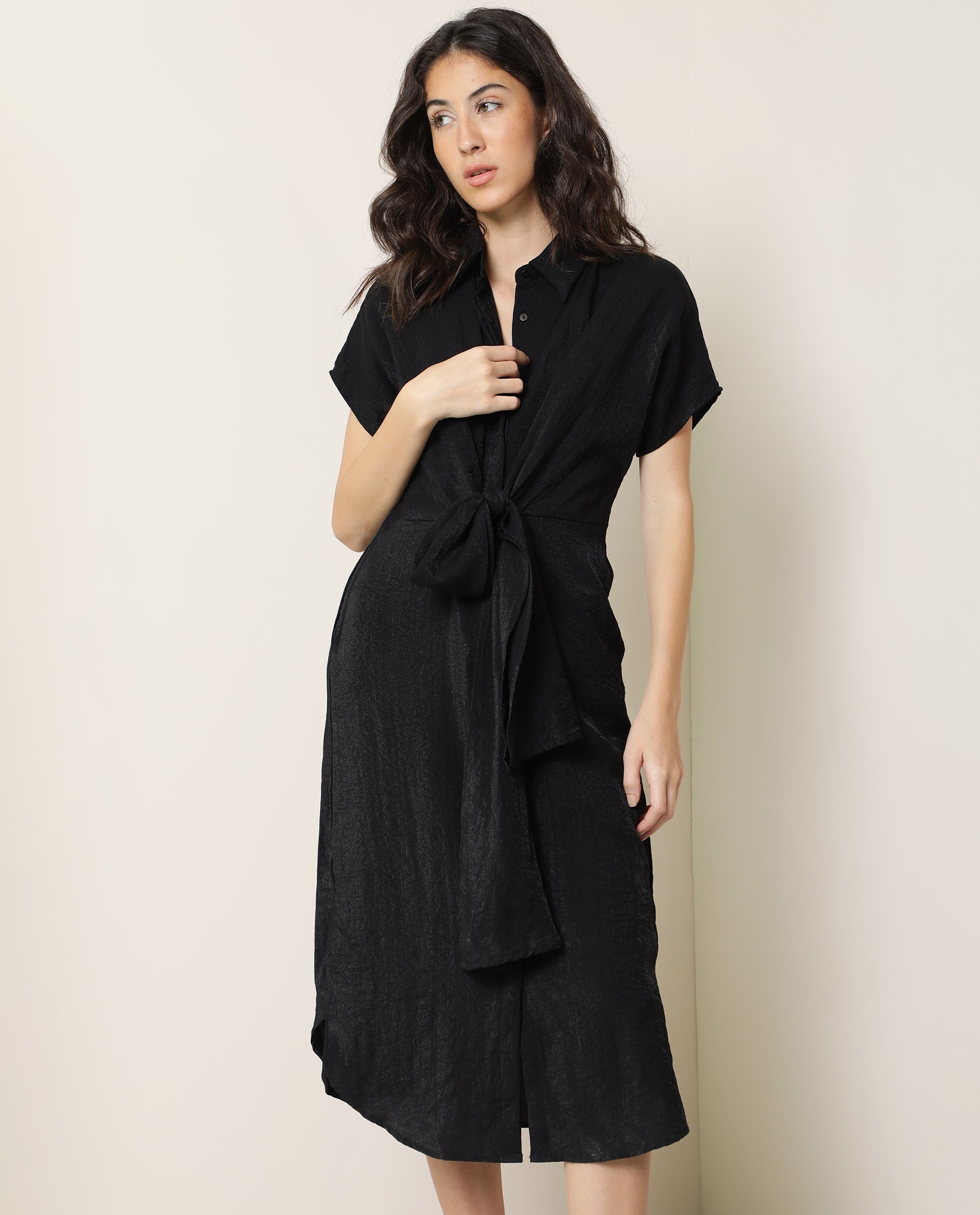 Rareism Women Kori Black Dress Rayon Nylon Fabric Full Sleeves Solid