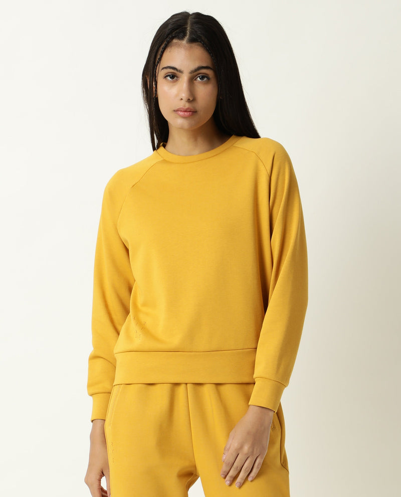 Rareism Women Cax Mustard Cotton Blend Fabric Relaxed Fit Full Sleeves Solid Round Neck Sweatshirt