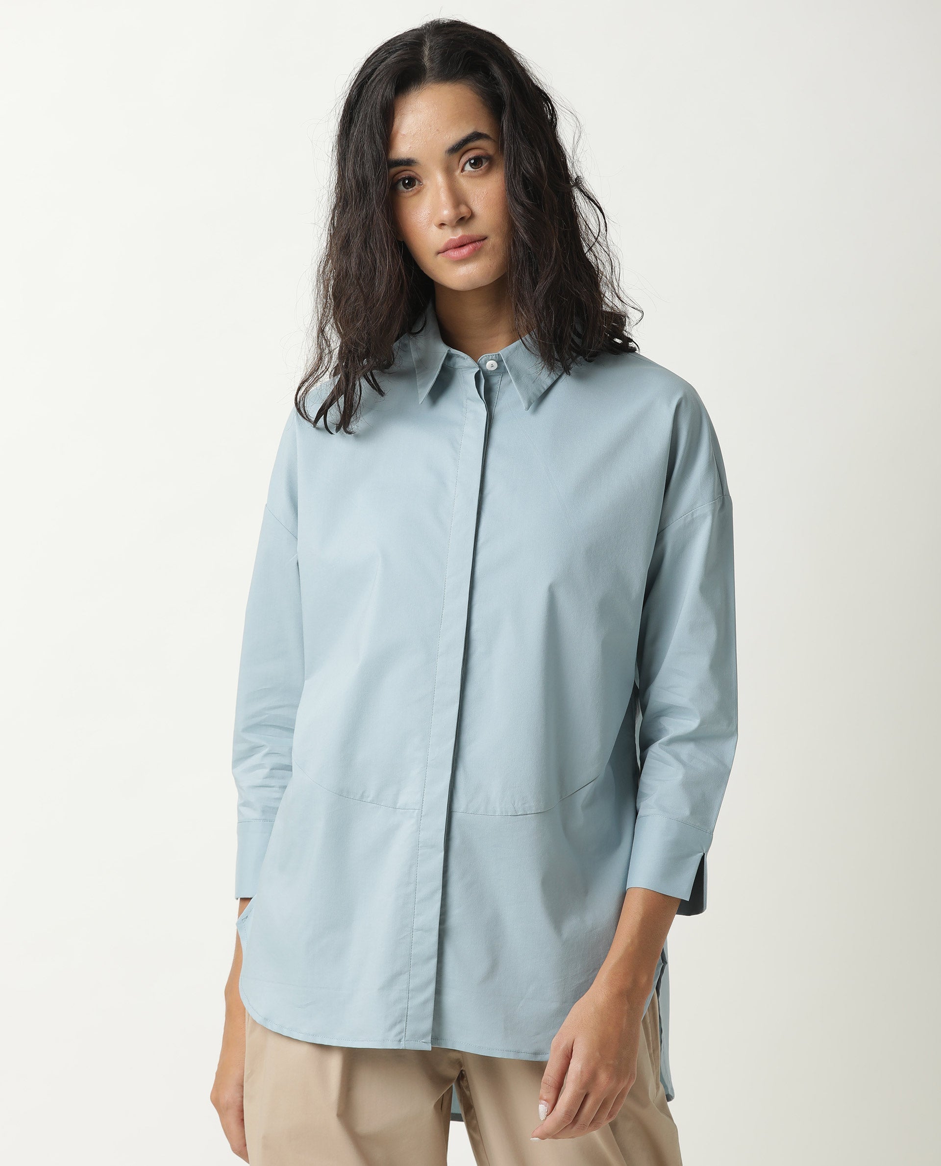 Rareism Womens Eleven Blue Top Polyester Fabric Regular Fit 3/4 Sleeve Collared Neck