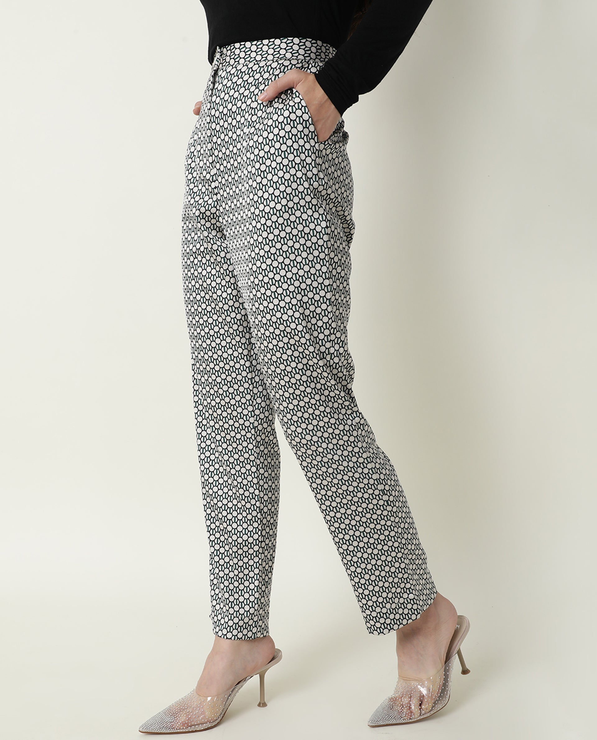 Rareism Women Malani Beige Modal Fabric Tailored Fit Mid Rise Geometric Print Ankle Length Trousers
