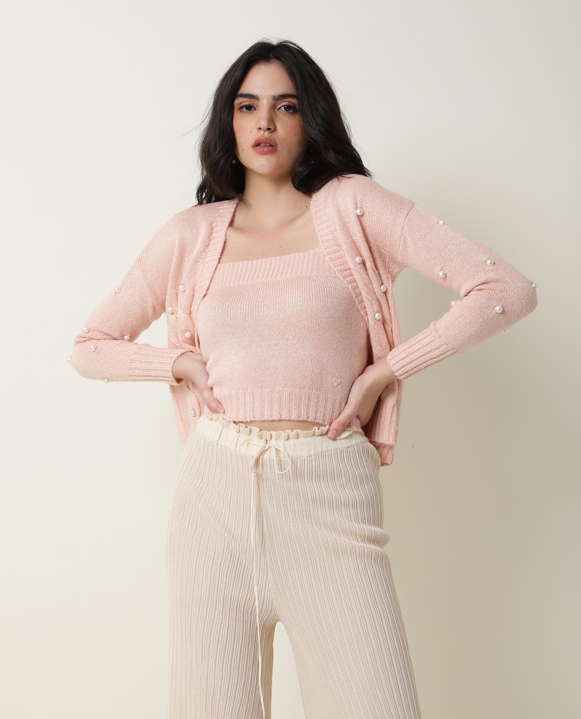 Rareism Women Tunnel Light Pink Viscose Fabric Full Sleeves Regular Fit Solid Collarless Sweater