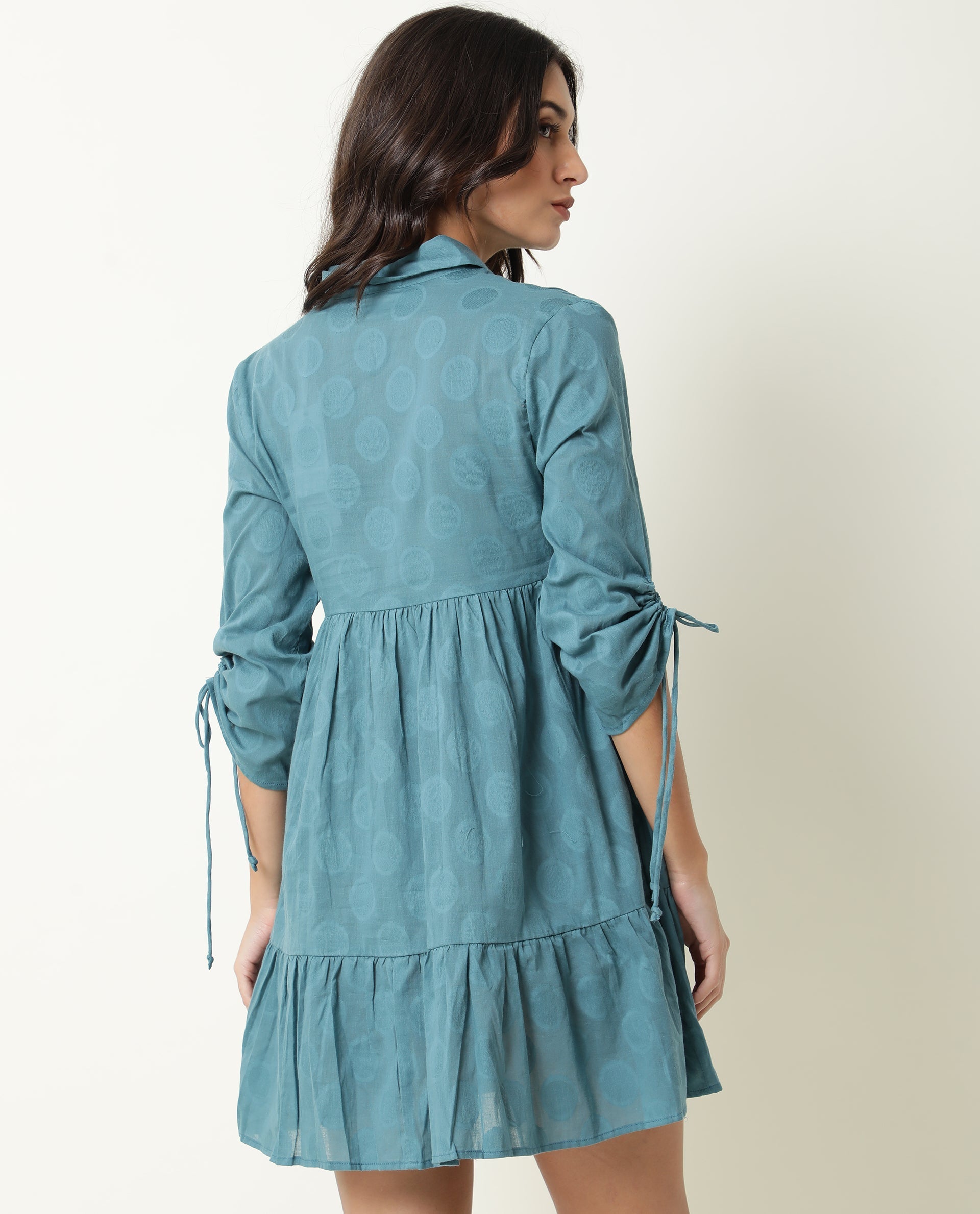 Rareism Womens Mascara Blue Dress Cotton Fabric Regular Fit 3/4 Sleeve Collared Neck