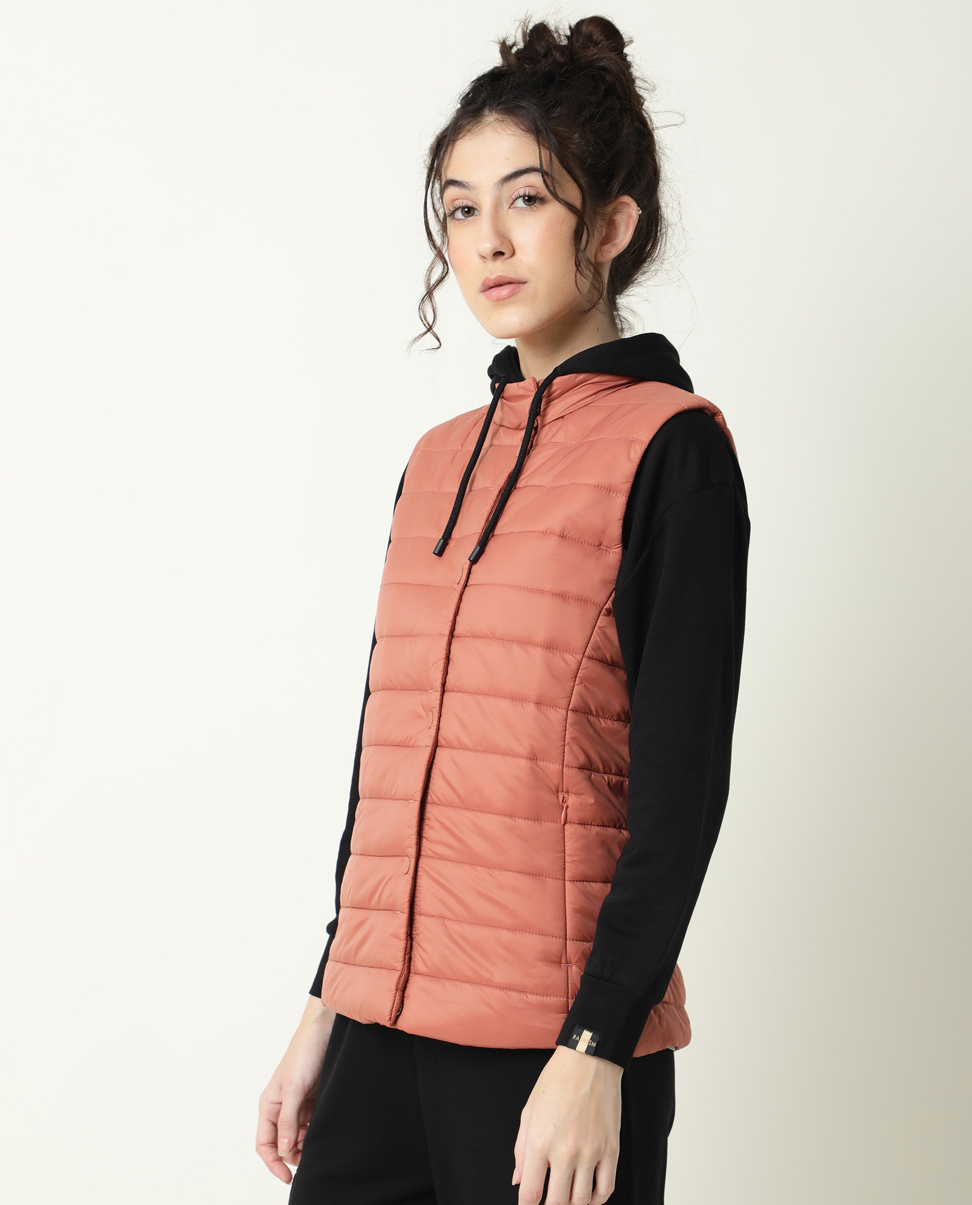 Rareism Women Trunk Dark Rust  Sleeveless Solid Hooded Jacket