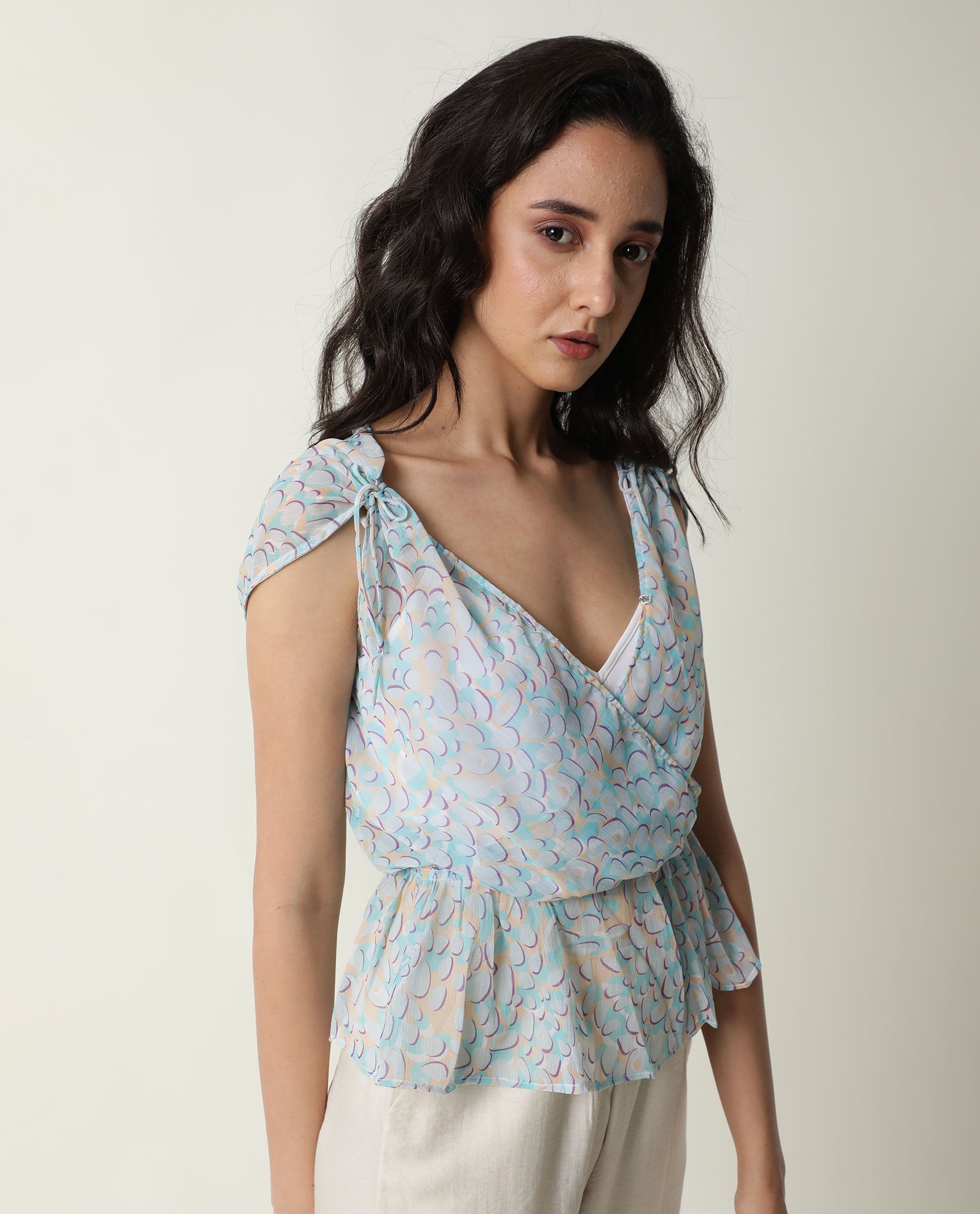 Rareism Women Loves Pastel Purple Viscose Fabric Regular Fit V-Neck Sleeveless Print Top