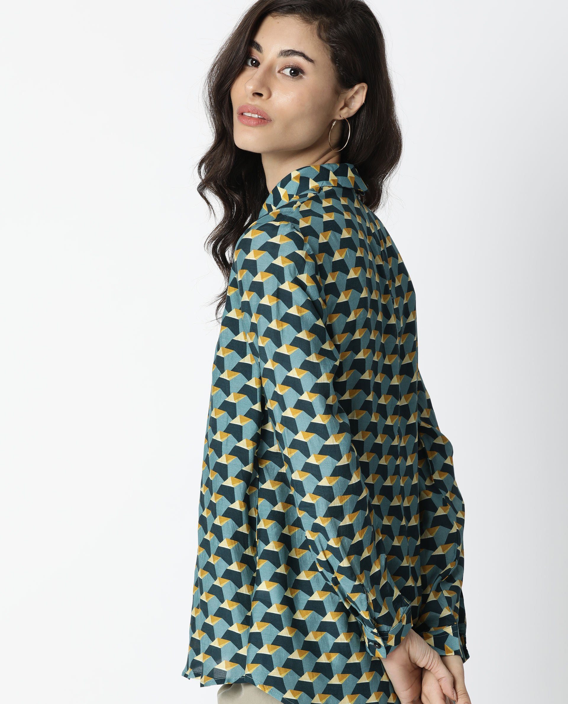 Rareism Women Chrysa Mustard Top Full Sleeves Printed