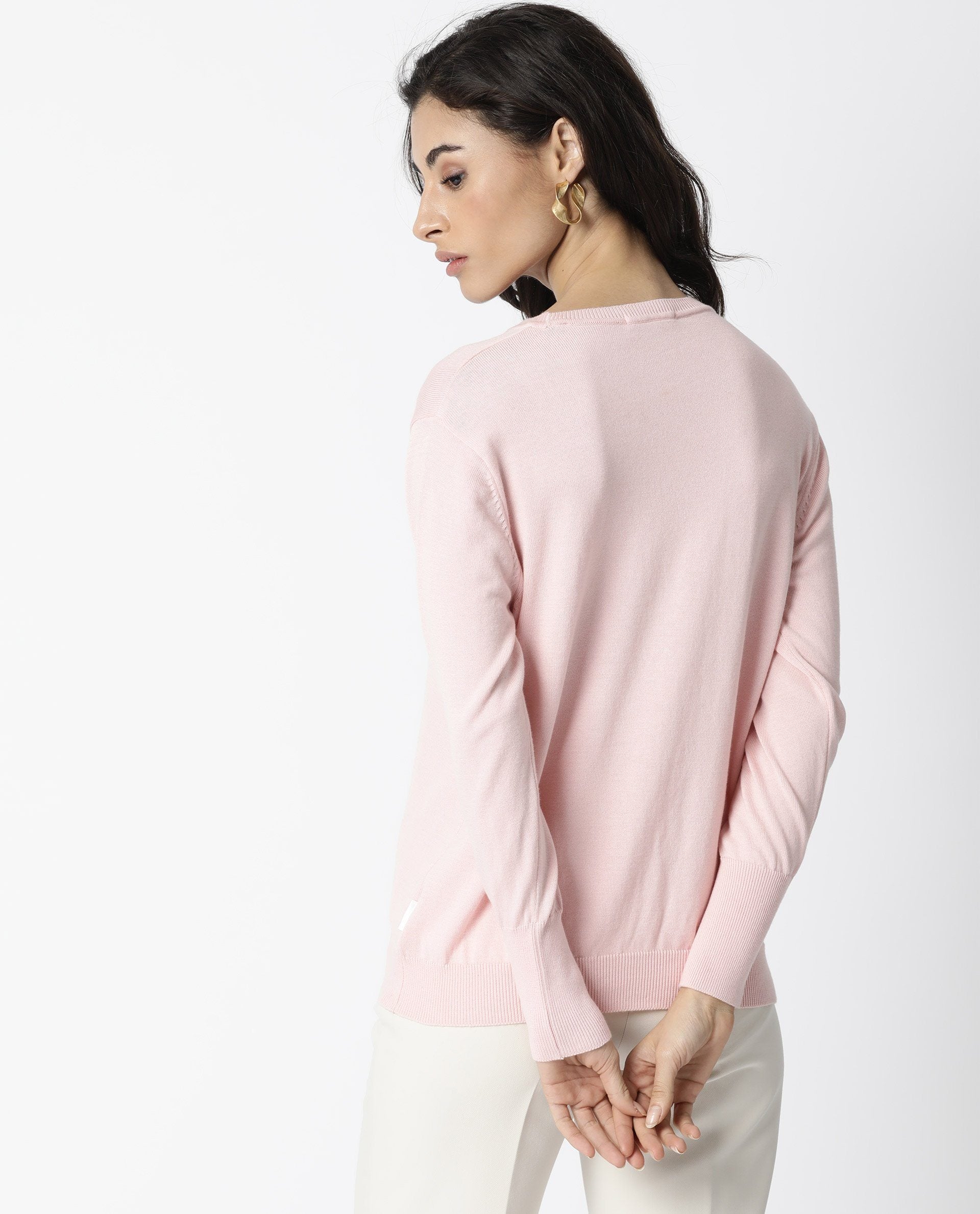 Rareism Women Plush Pink Cotton Fabric Full Sleeves Regular Fit Embroidered Round Neck Sweater