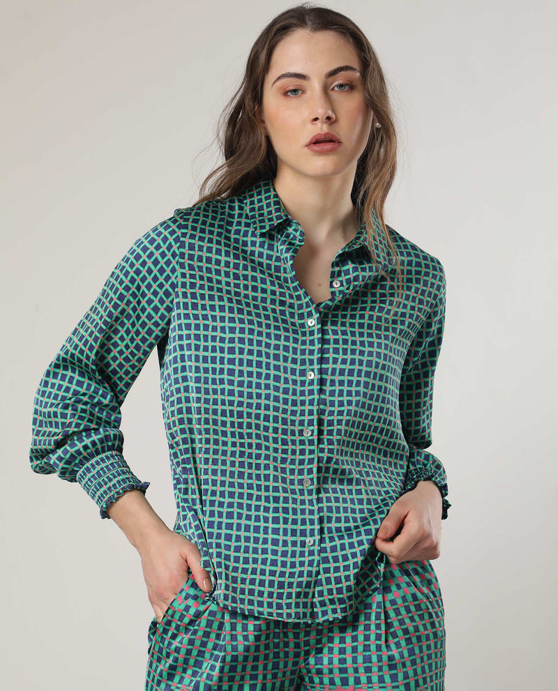 Rareism Women Emileo Green Polyester Fabric Full Sleeves Button Closure Shirt Collar Relaxed Fit Geometric Print Top