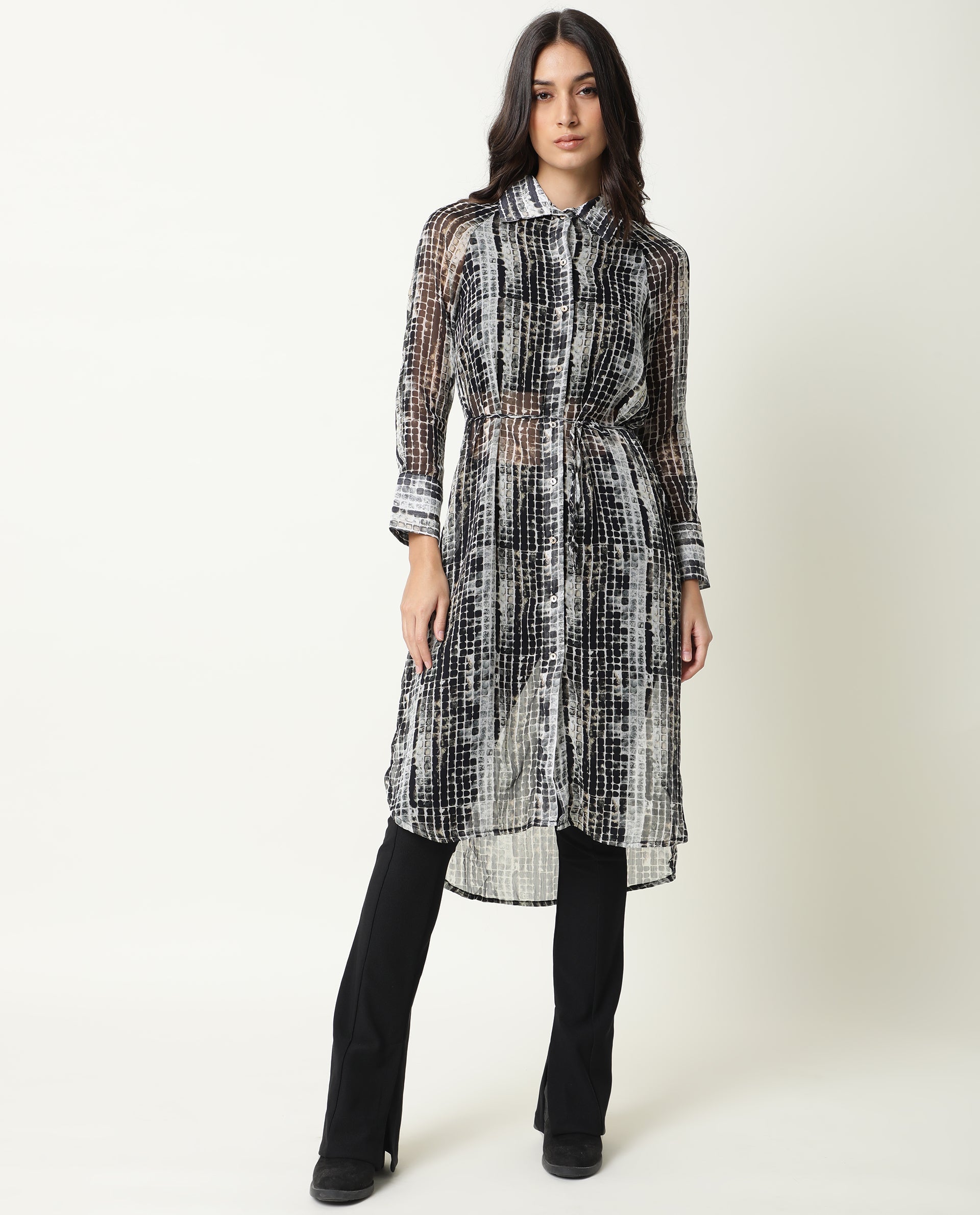 Rareism Women Ito Black Abstract Print Shirt Collar Full Sleeve Front Button Closure Placket Waist Tie Up Pocket Midi Dress
