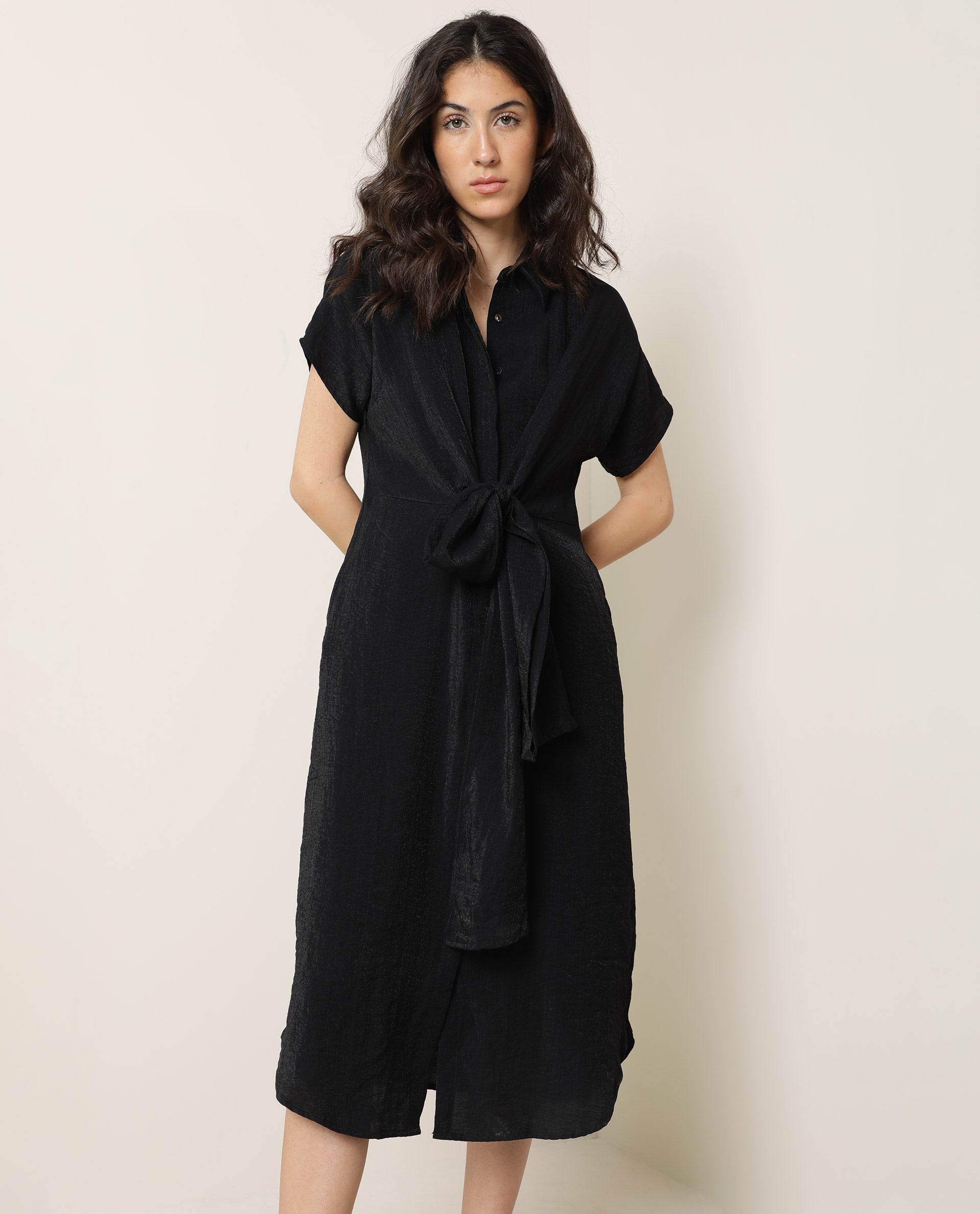 Rareism Women Kori Black Dress Rayon Nylon Fabric Full Sleeves Solid