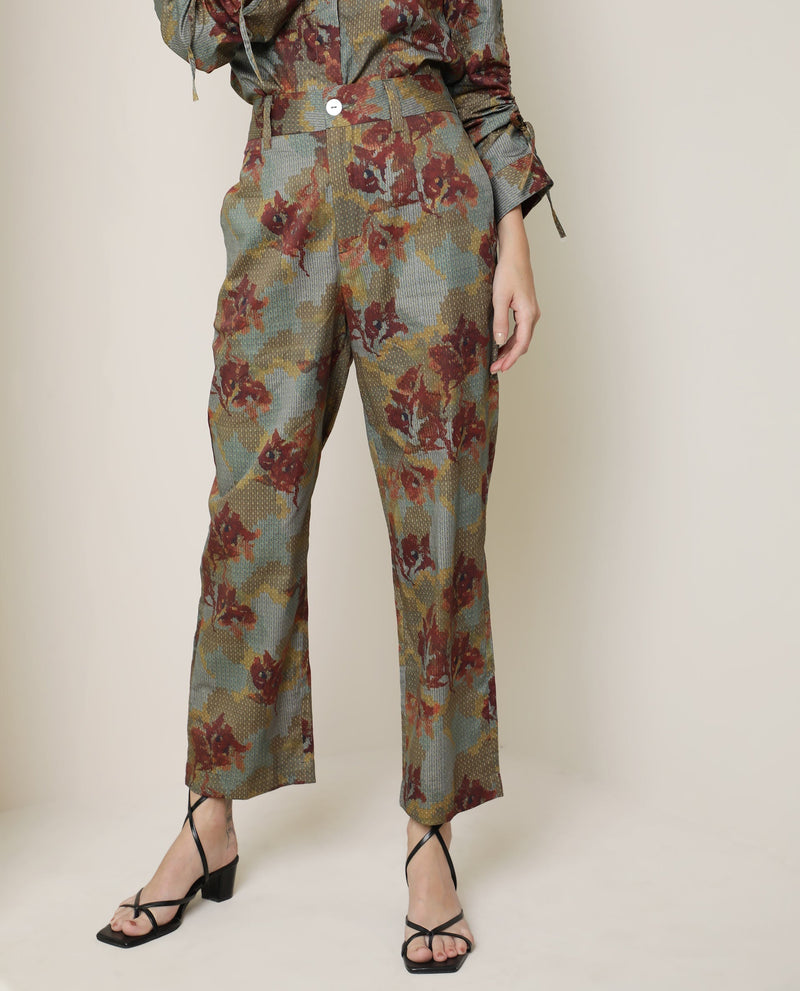 Rareism Women Milan Dark Olive Cotton Fabric Button Fly Closure Tailored Fit Floral Print Ankle Length Trousers