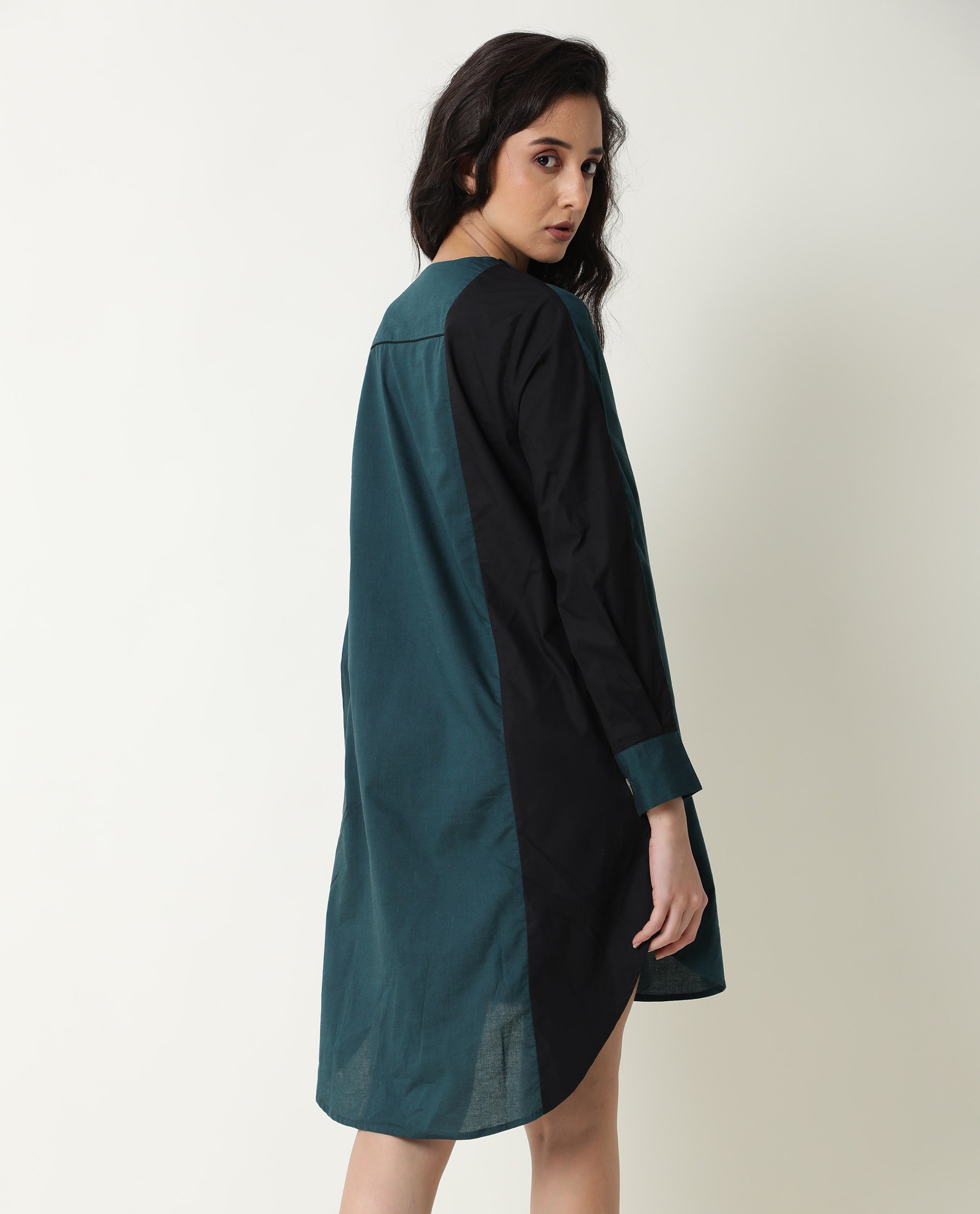 Rareism Women's Tally Petrol V-Neck Plain Knee Length Regular Fit Dress