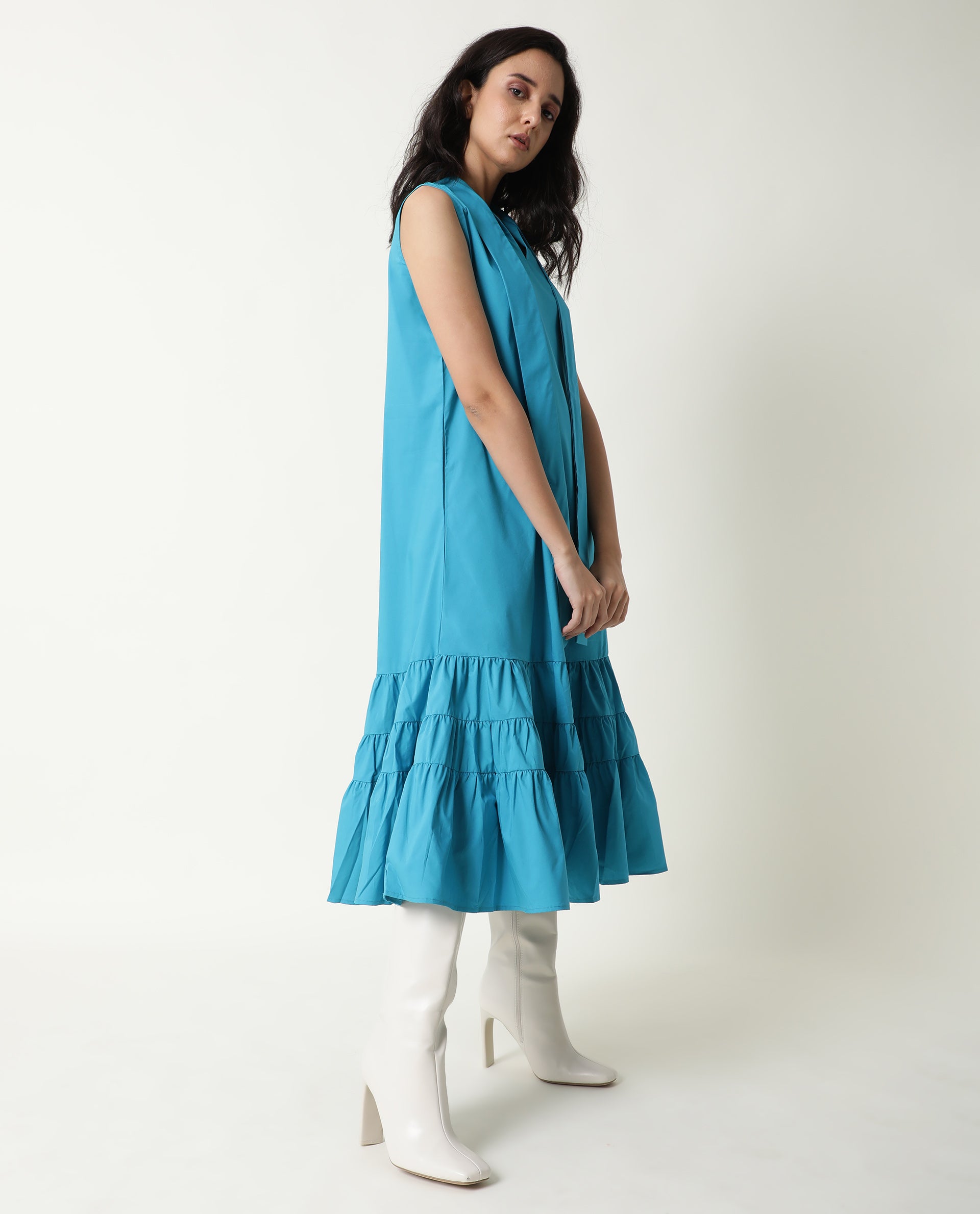 Rareism Women Gino Blue Tie Up Neck Sleeveless With Ruffled Hem And Pockets Maxi Dress