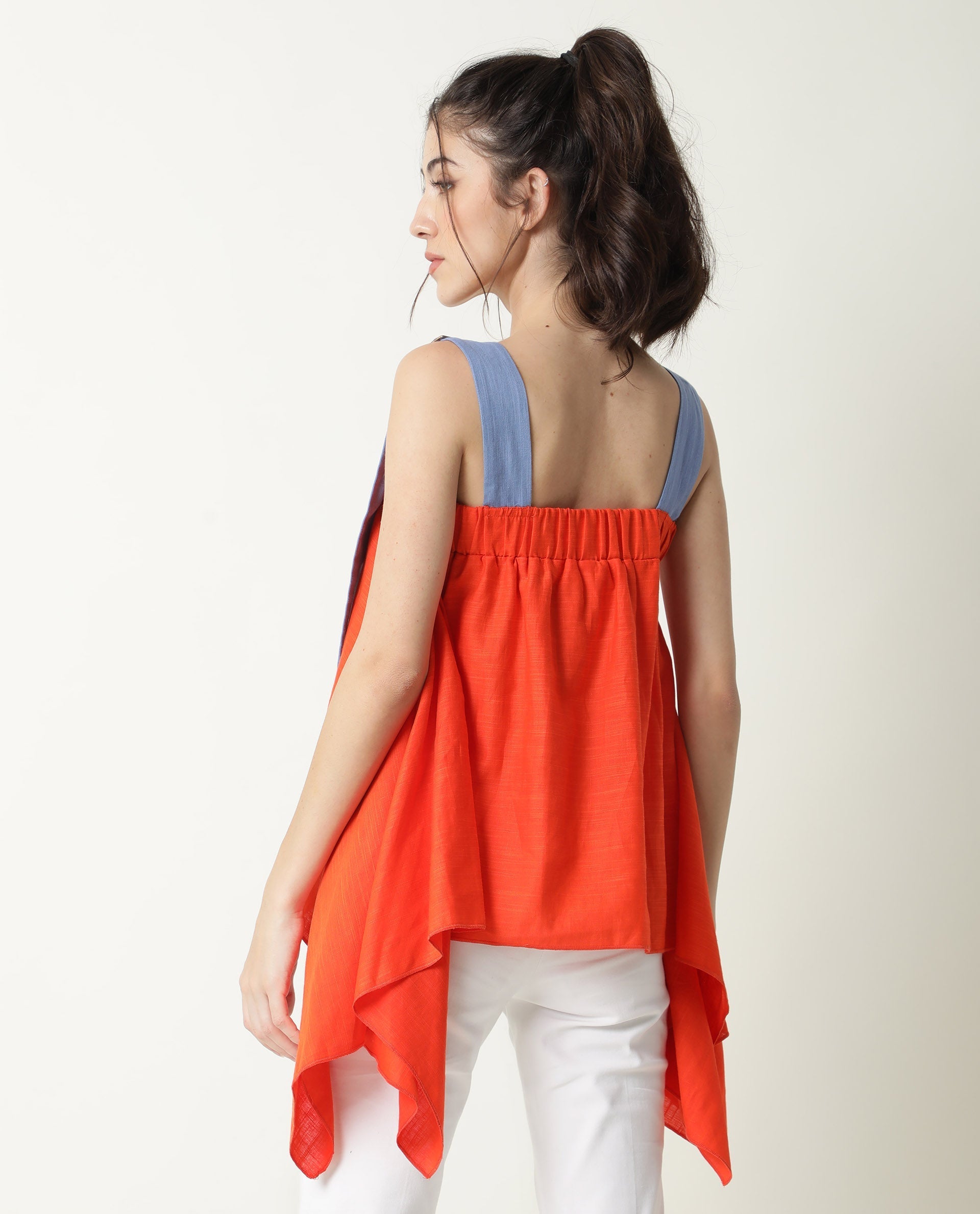Rareism Womens Cronicle Blue Top Cotton Linen Fabric Regular Fit Sleeveless Square Neck