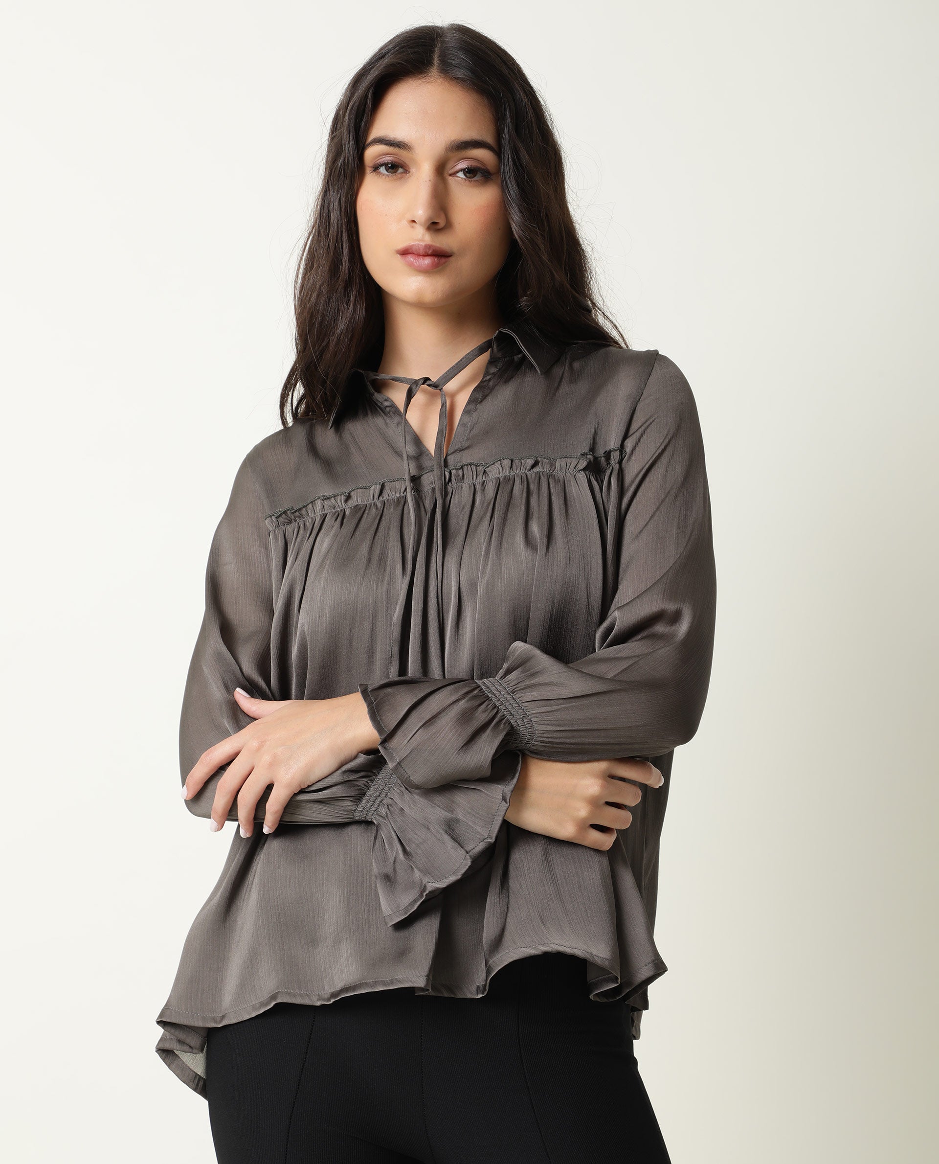 Rareism Womens Poetess Grey Top Polyester Fabric  Full Sleeve Key Hole Neck