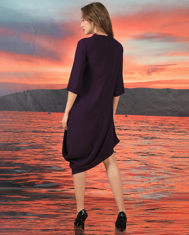 Rareism Women Sullivan Purple High Neck 3/4 Sleeves With Back Zip Closure And Pockets Asymmetric High Low Midi Dress