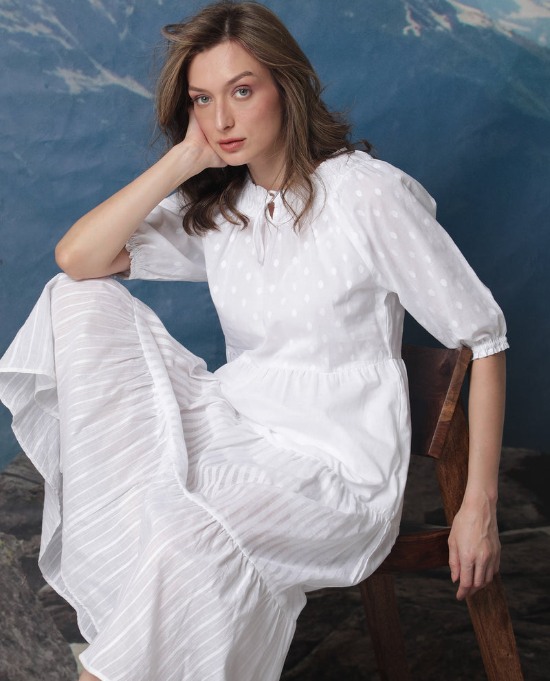 Rareism Women Myle White Cotton Fabric Short Sleeves Tie-Up Neck Puff Sleeve Regular Fit Plain Knee Length Tiered Dress