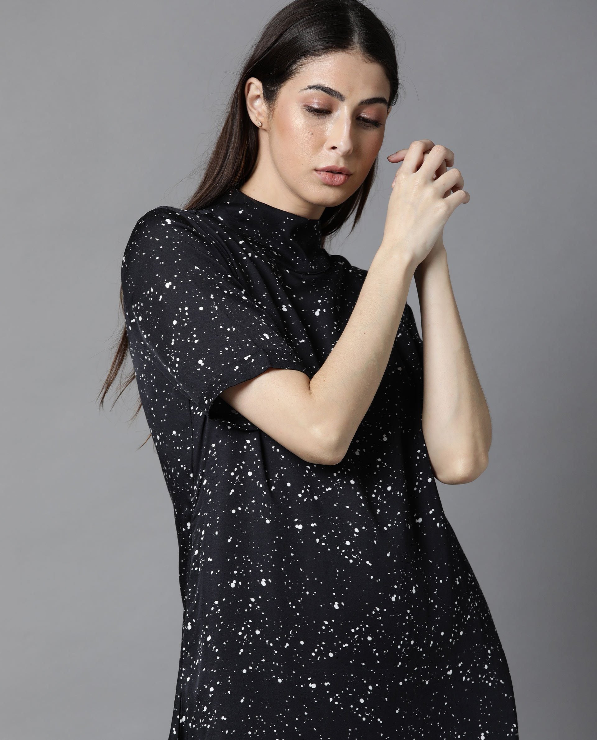 Rareism Women Kris Black Dress Short Sleeves Printed