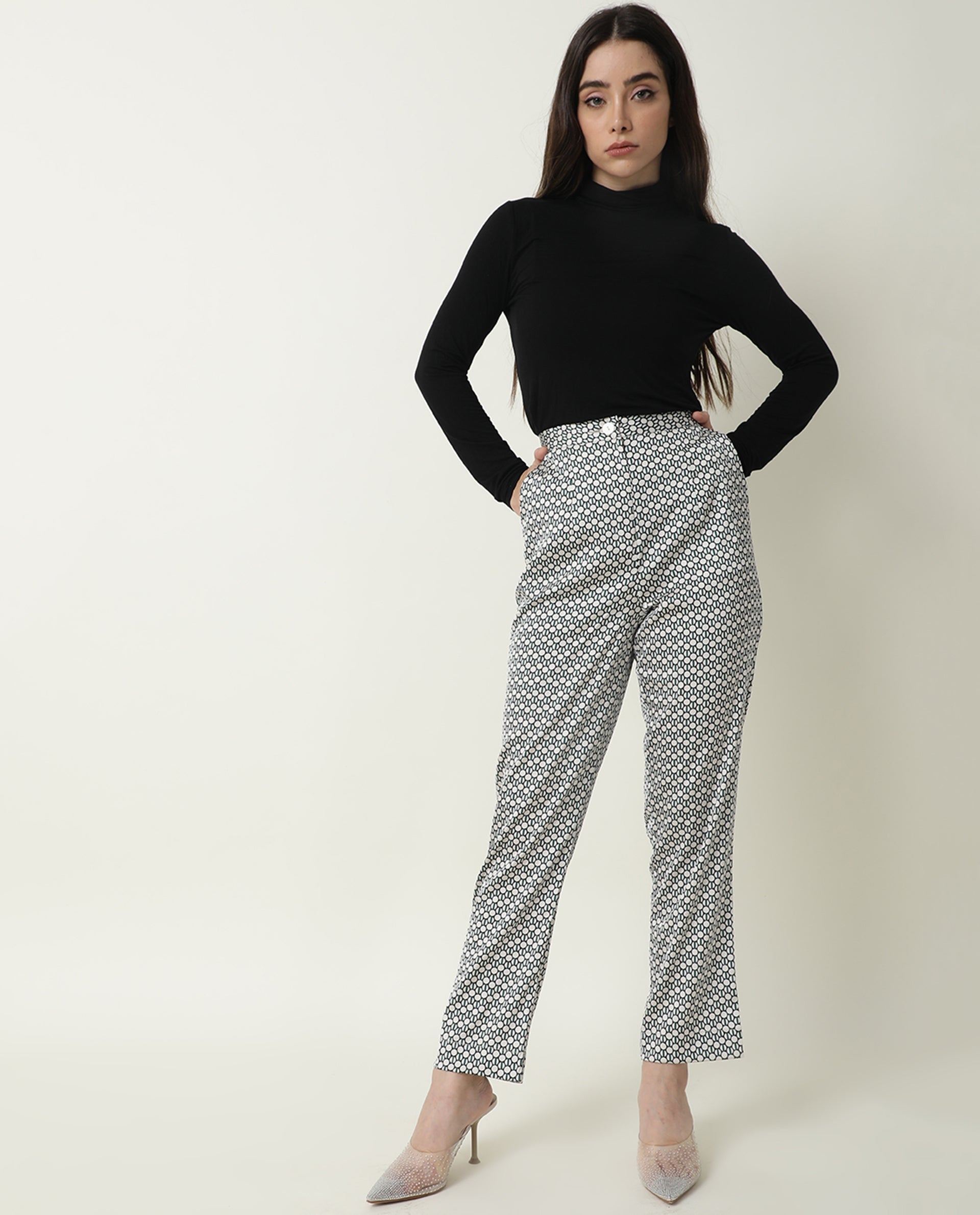 Rareism Women Malani Beige Modal Fabric Tailored Fit Mid Rise Geometric Print Ankle Length Trousers