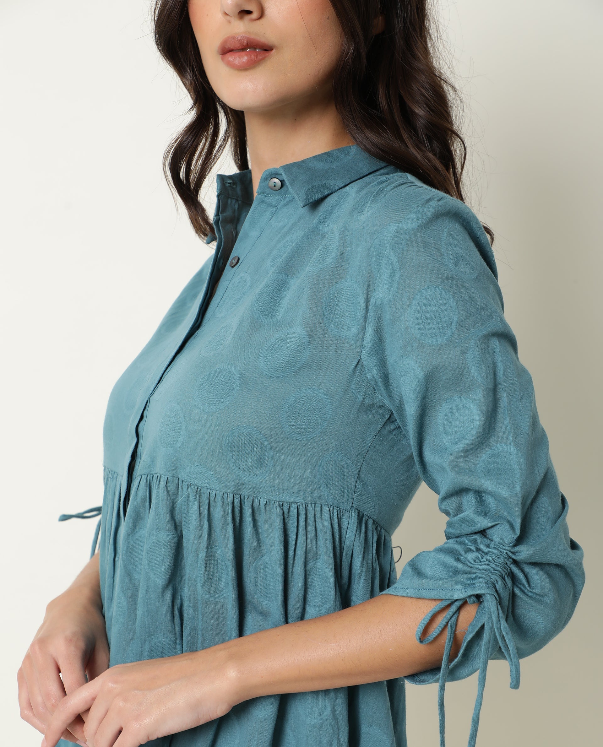 Rareism Womens Mascara Blue Dress Cotton Fabric Regular Fit 3/4 Sleeve Collared Neck