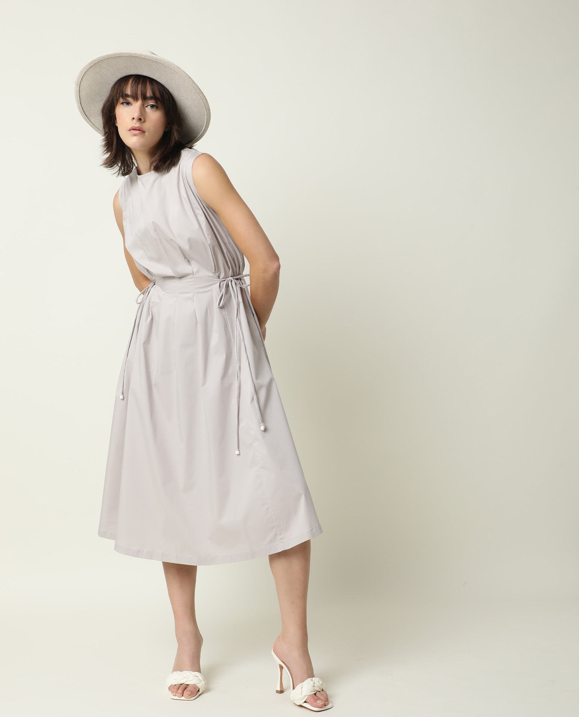 Rareism Womens Zippo Grey Dress Cotton Lycra Fabric Regular Fit Sleeveless Round Neck