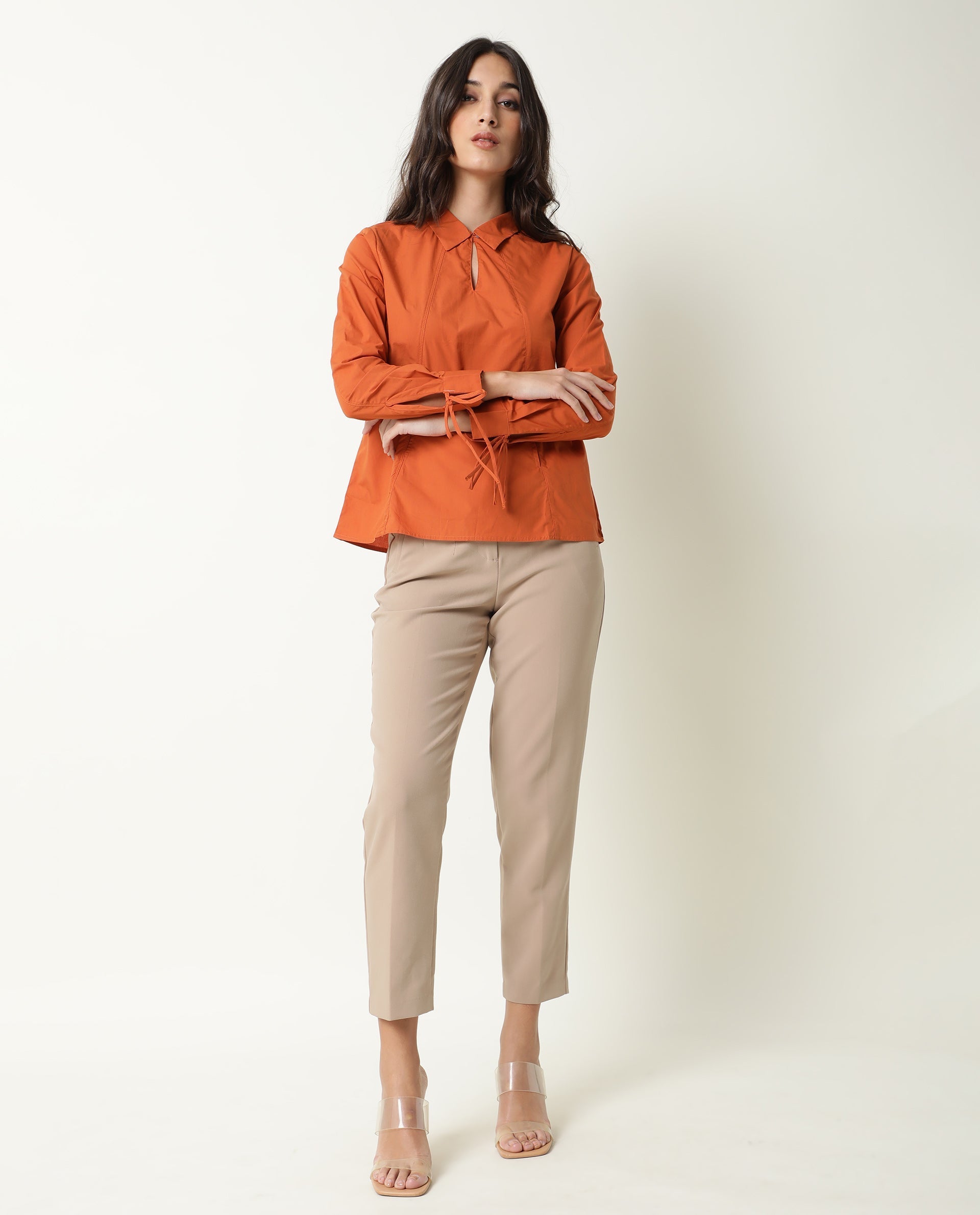 Rareism Women's Merge Rust Spread Collar Plain Knee Length Regular Fit Top