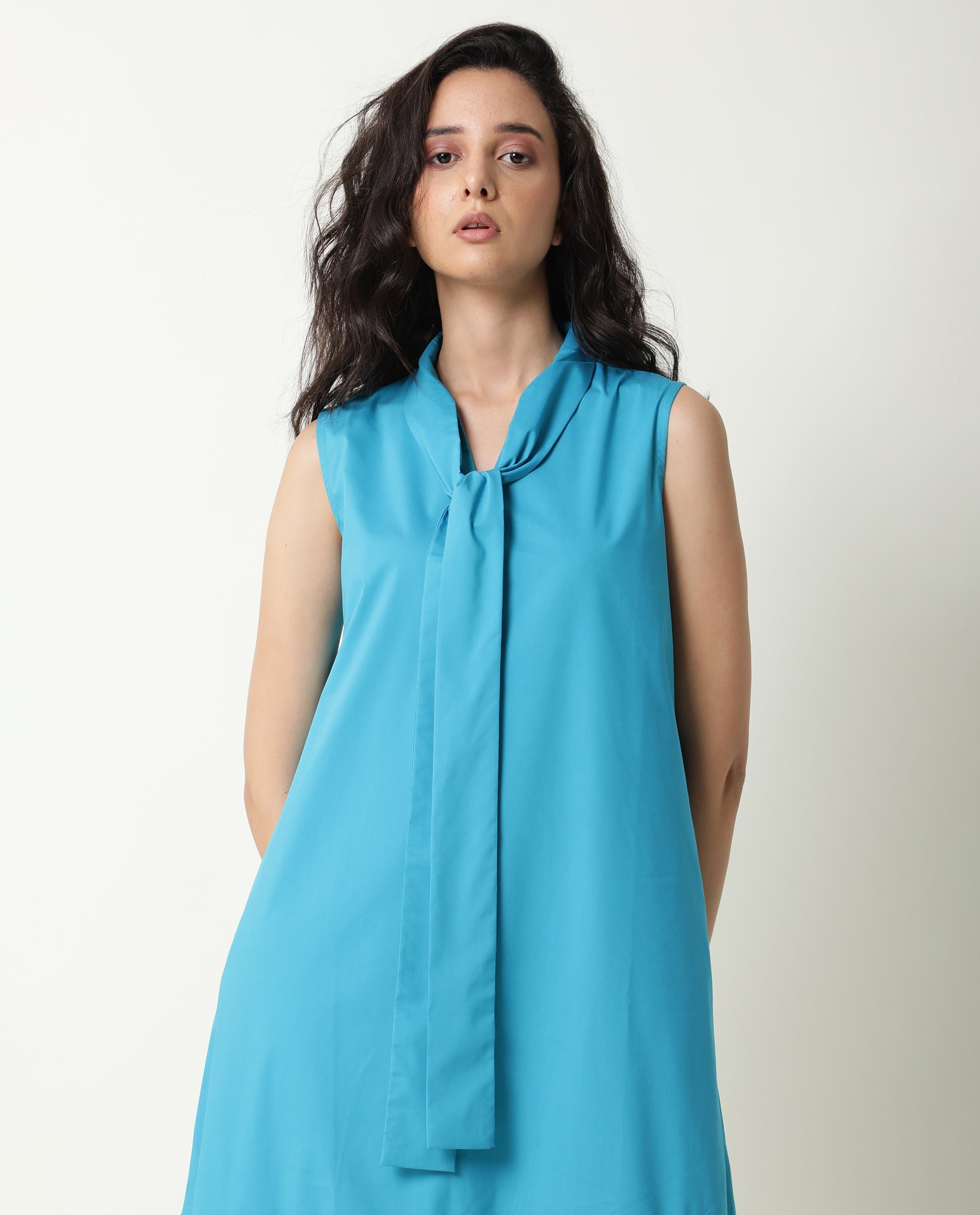 Rareism Women's Gino Blue Polyester Blend Tie-Up Neck Plain Sleeveless Knee Length Regular Fit Dress