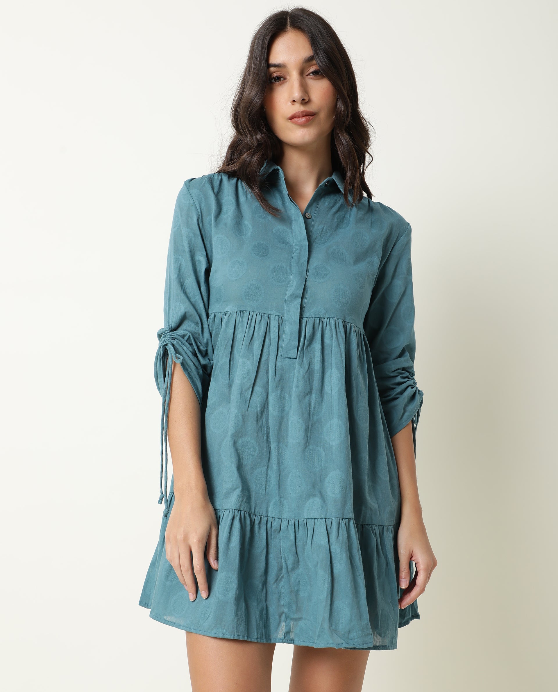 Rareism Womens Mascara Blue Dress Cotton Fabric Regular Fit 3/4 Sleeve Collared Neck