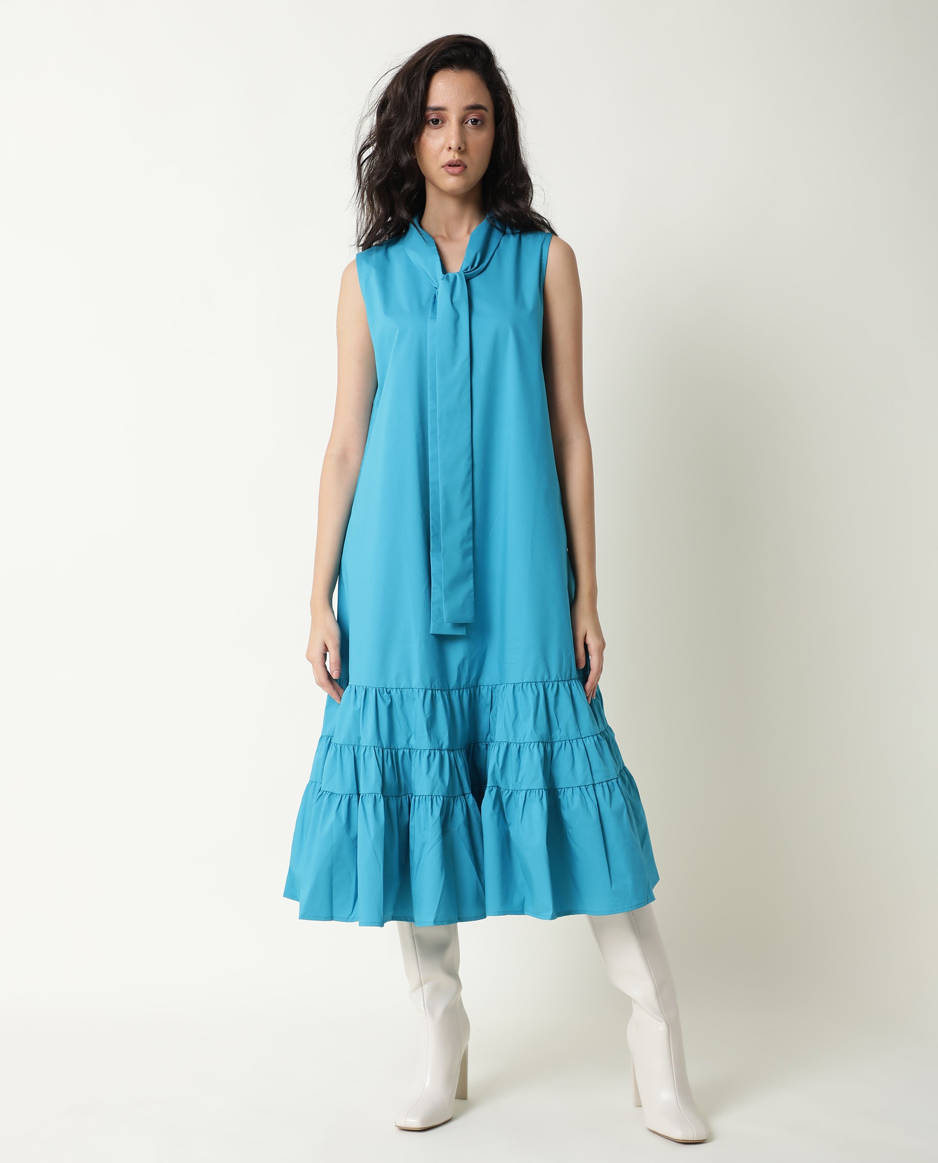 Rareism Women's Gino Blue Polyester Blend Tie-Up Neck Plain Sleeveless Knee Length Regular Fit Dress