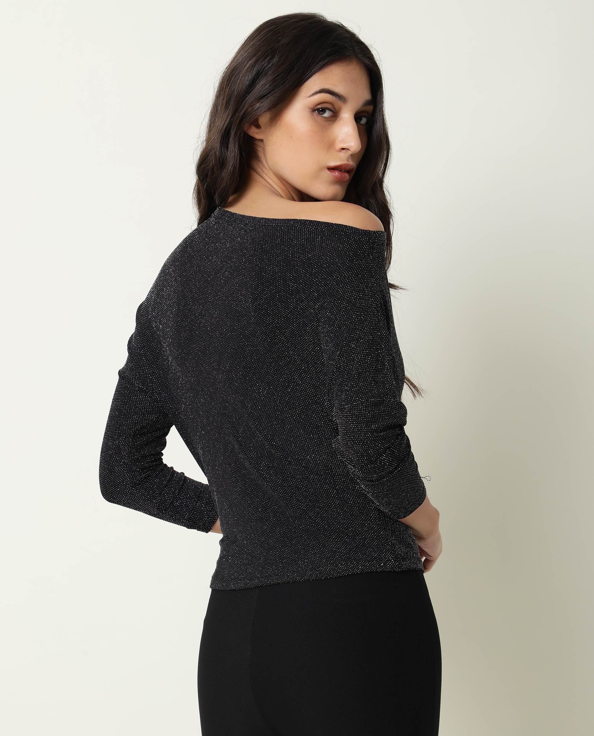 Rareism Women Freys Black Top Nylon Fabric Full Sleeves Solid