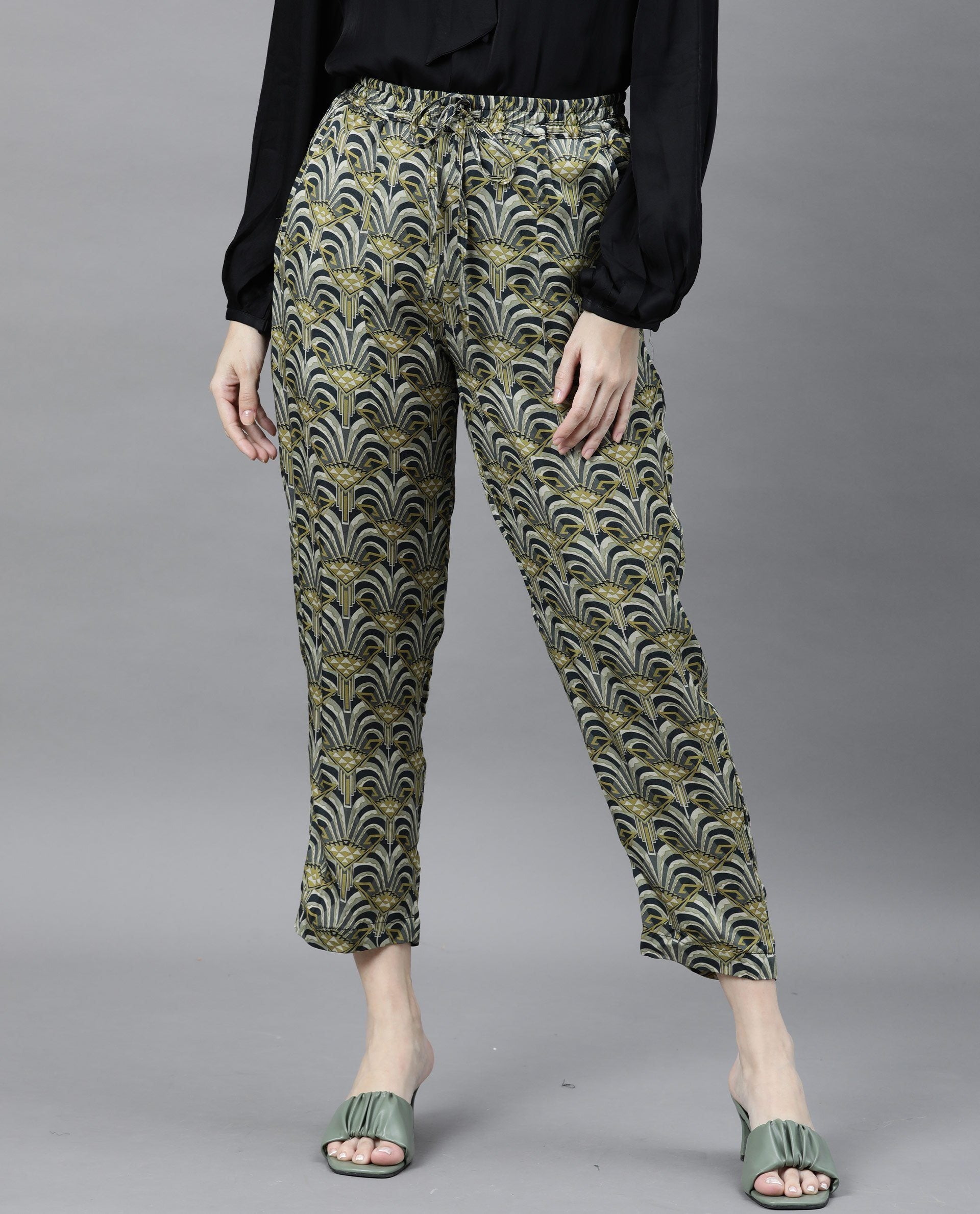 Rareism Women Globe Green Modal Fabric Regular Fit Mid Rise Abstract Print Ankle Length Trousers