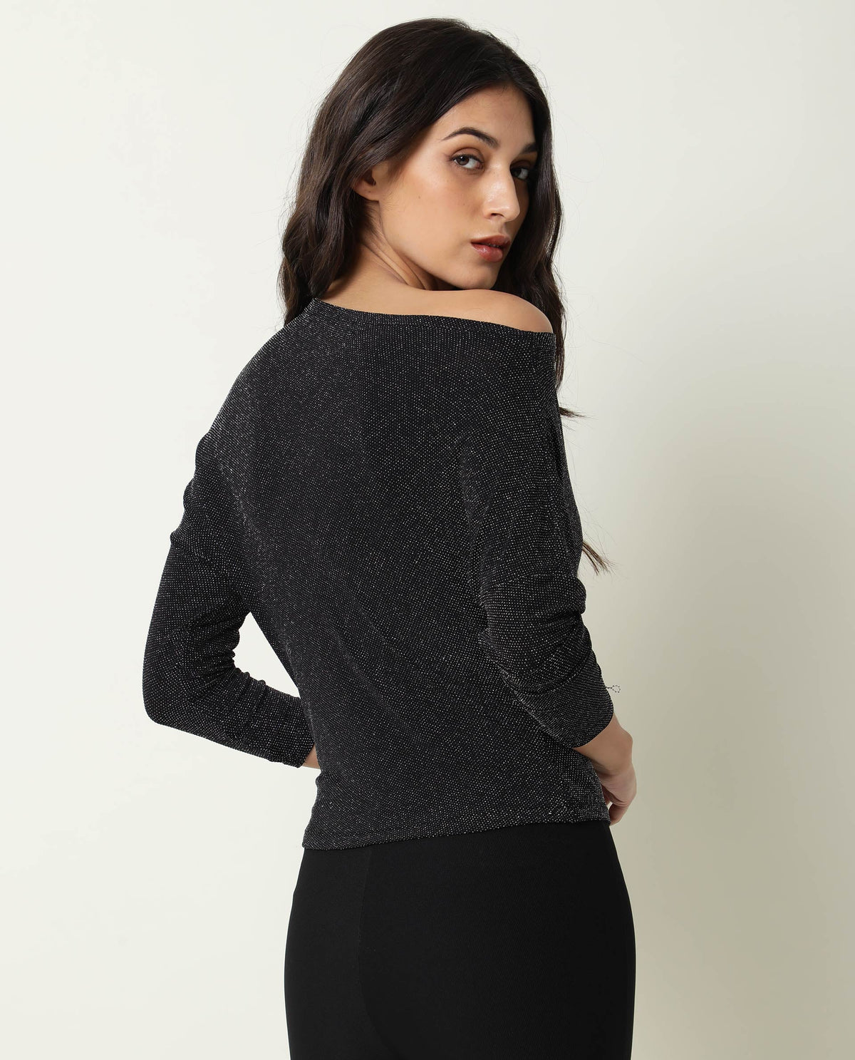 Rareism Women Freys Black Top Nylon Fabric Full Sleeves Solid