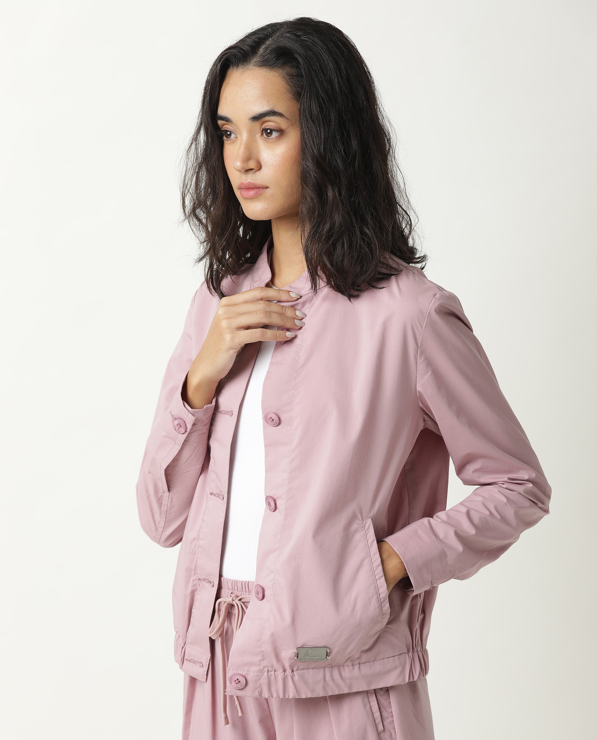Rareism Women Aomori Pastel Purple Poly Lycra Fabric Full Sleeves Solid Mandarin Collar Jacket